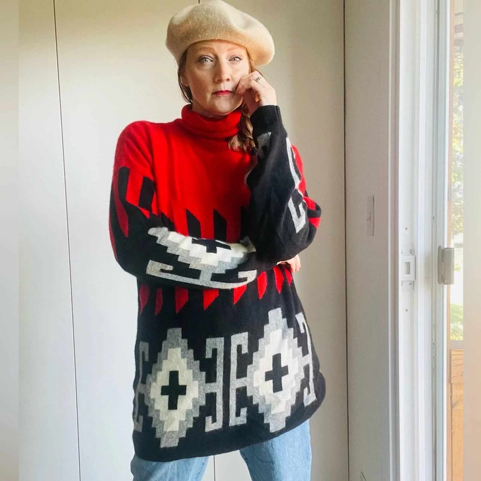 Vintage Cahsmere Sweater Turtleneck Knit Geometrical Design Red/black L by Neiman Marcus - Image 7