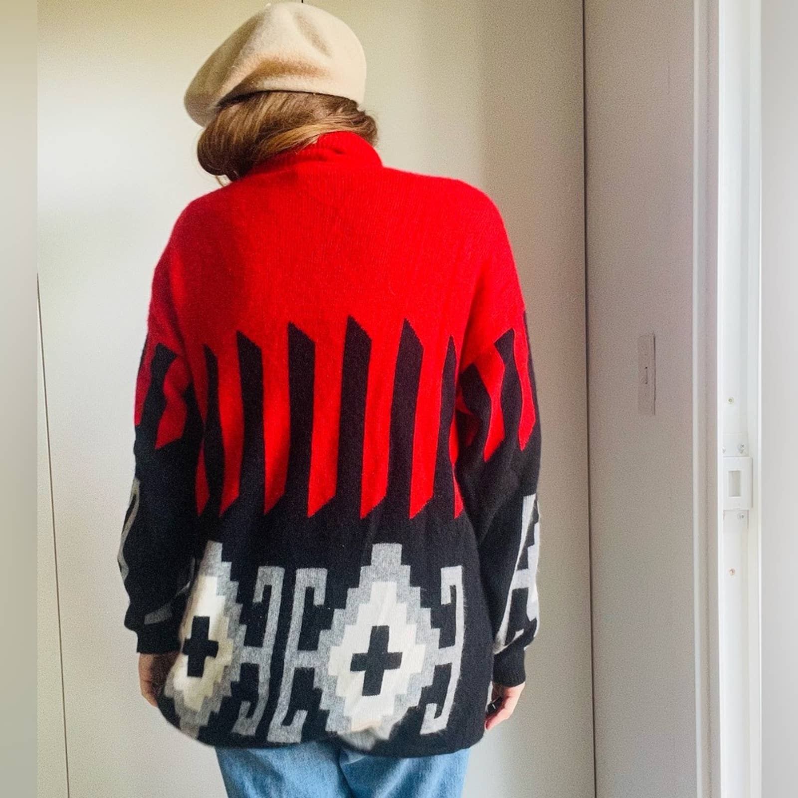 Vintage Cahsmere Sweater Turtleneck Knit Geometrical Design Red/black L by Neiman Marcus - Image 8