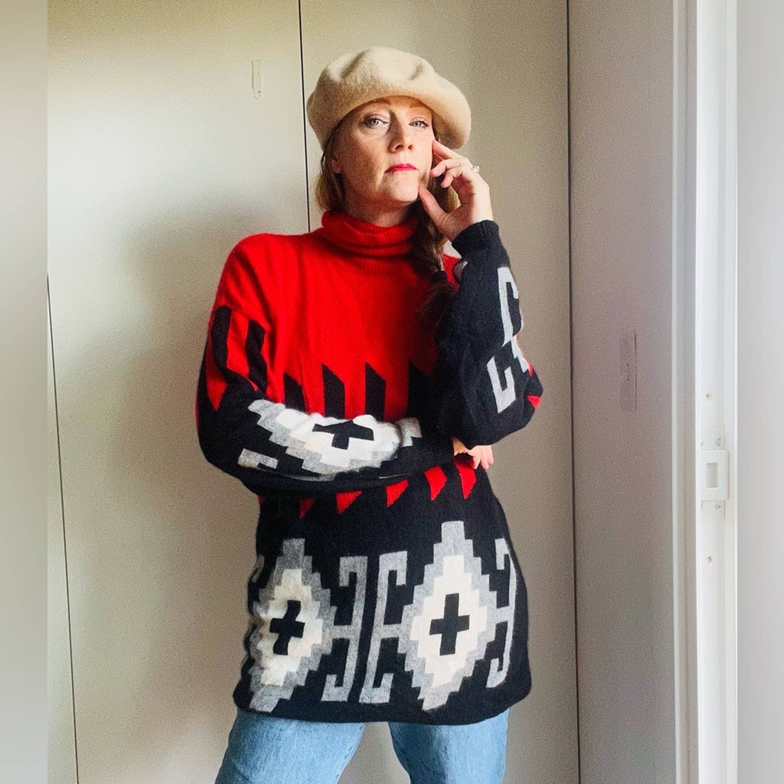 Vintage Cahsmere Sweater Turtleneck Knit Geometrical Design Red/black L by Neiman Marcus - Image 9
