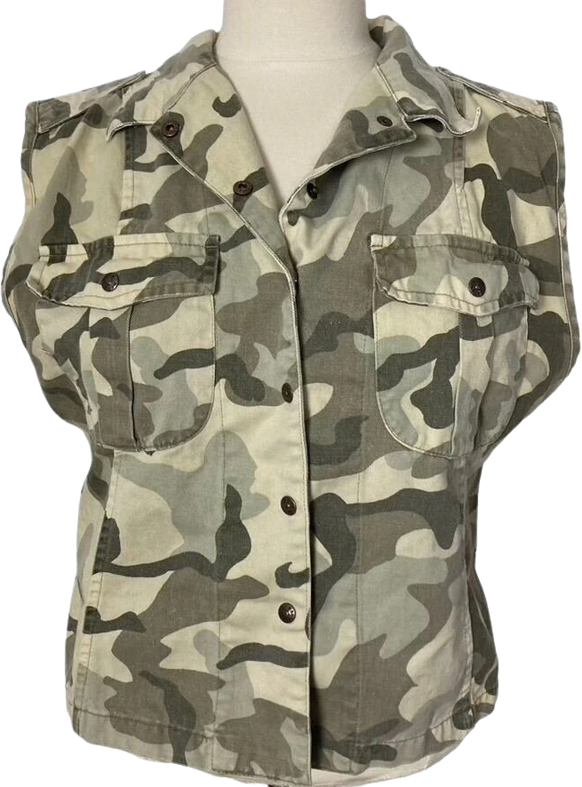 Vintage Camo Vest Womens Large Beige Green Snap Front 90s 00s by Rafaella