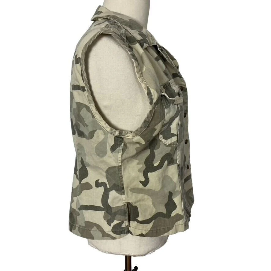 Vintage Camo Vest Womens Large Beige Green Snap Front 90s 00s by Rafaella - Image 6