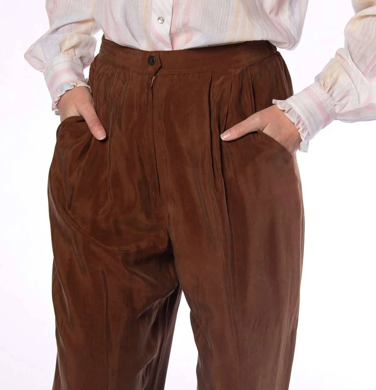Vintage Caramel Brown Sleek Trousers Rayon Like Shimmery Pleat Pants with Pockets 80s 90s Loose Fit Leg 28" Waist - Image 8