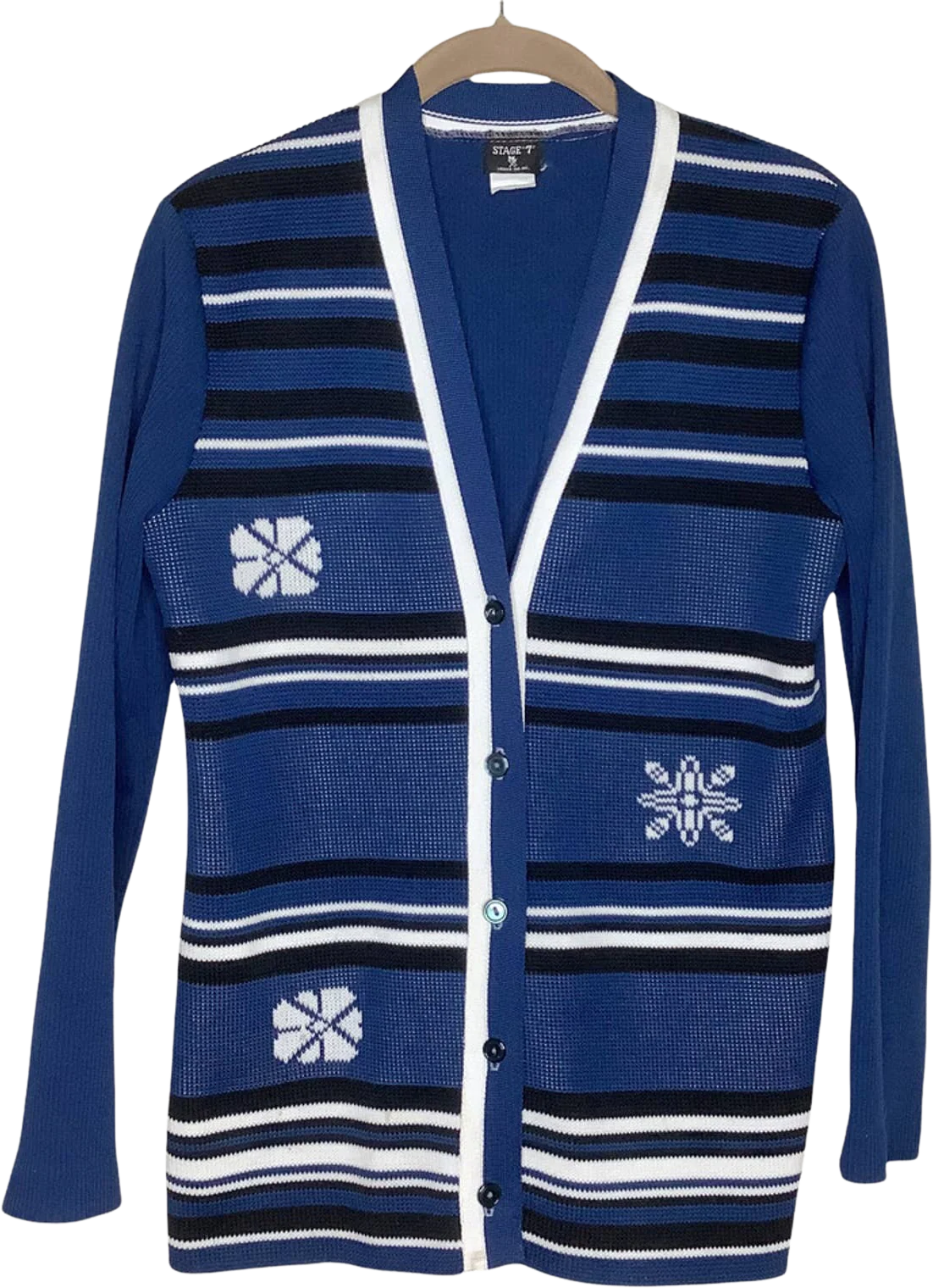 Vintage Cardigan 60s 70s Mixed Print Striped Blue White Knit Snowflake Holiday by Stage 7