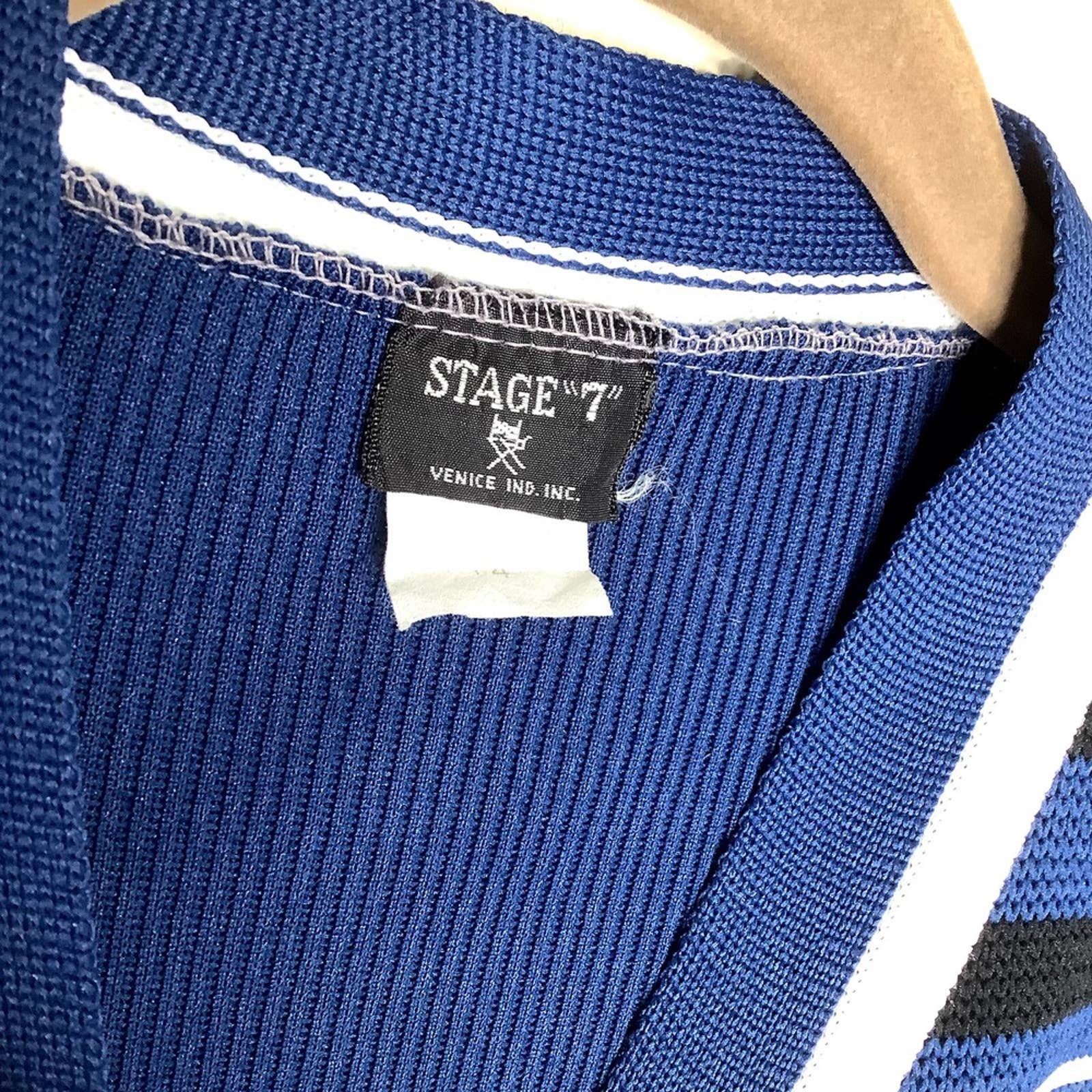 Vintage Cardigan 60s 70s Mixed Print Striped Blue White Knit Snowflake Holiday by Stage 7 - Image 4