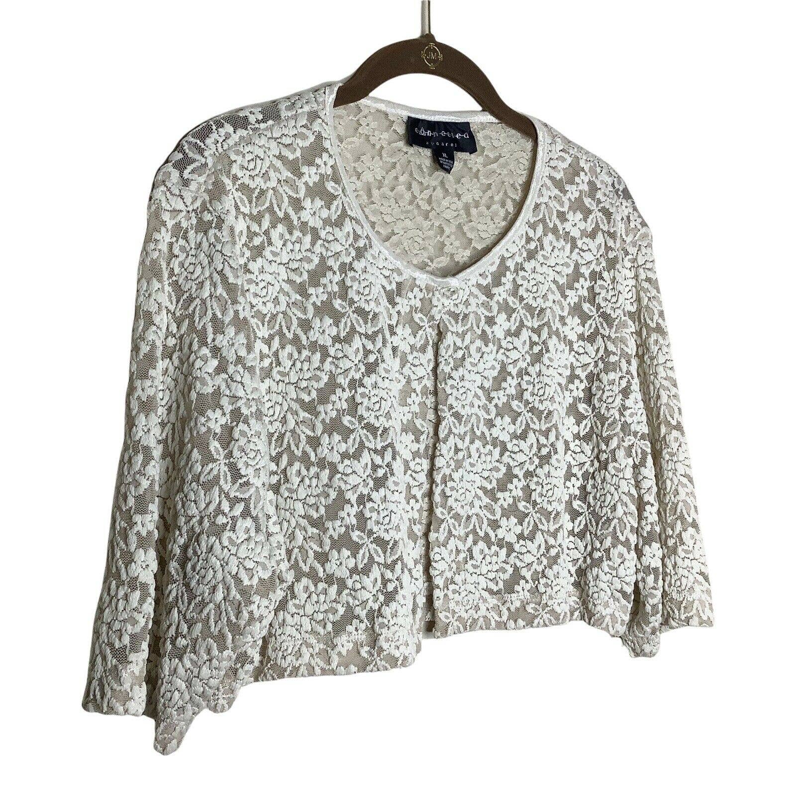Vintage Cardigan 90s Cropped Top Semi Sheer Floral Lace Mesh Grunge Jewel Button by Connected - Image 9