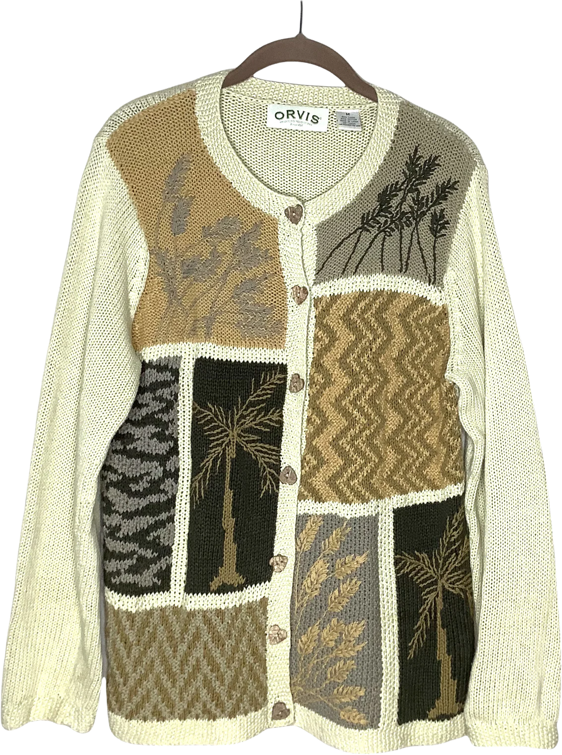 Vintage Cardigan 90s Mixed Patchwork Print Linen Blend Knit Leaf Buttons Neutral by Orvis