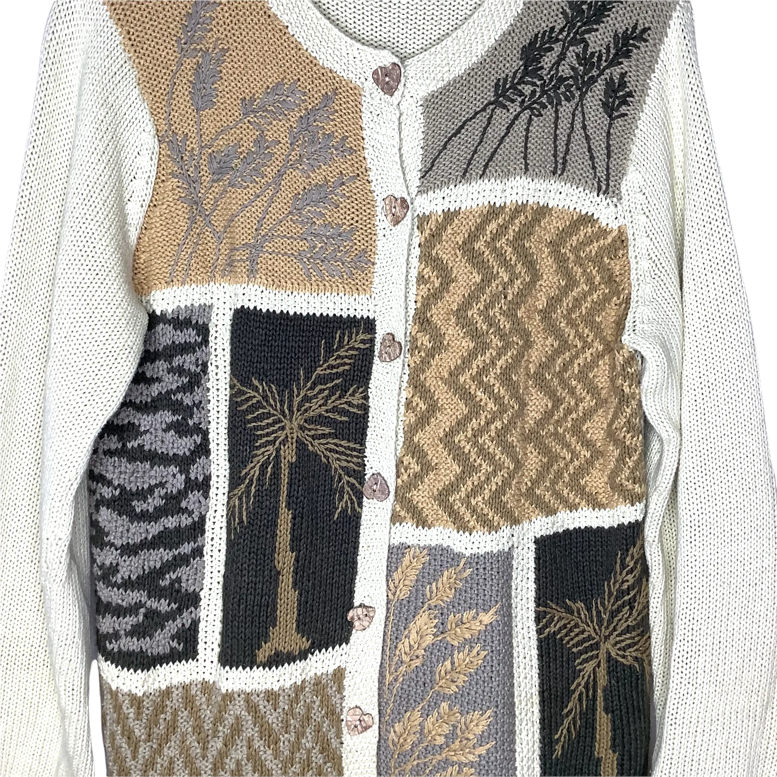 Vintage Cardigan 90s Mixed Patchwork Print Linen Blend Knit Leaf Buttons Neutral by Orvis - Image 6