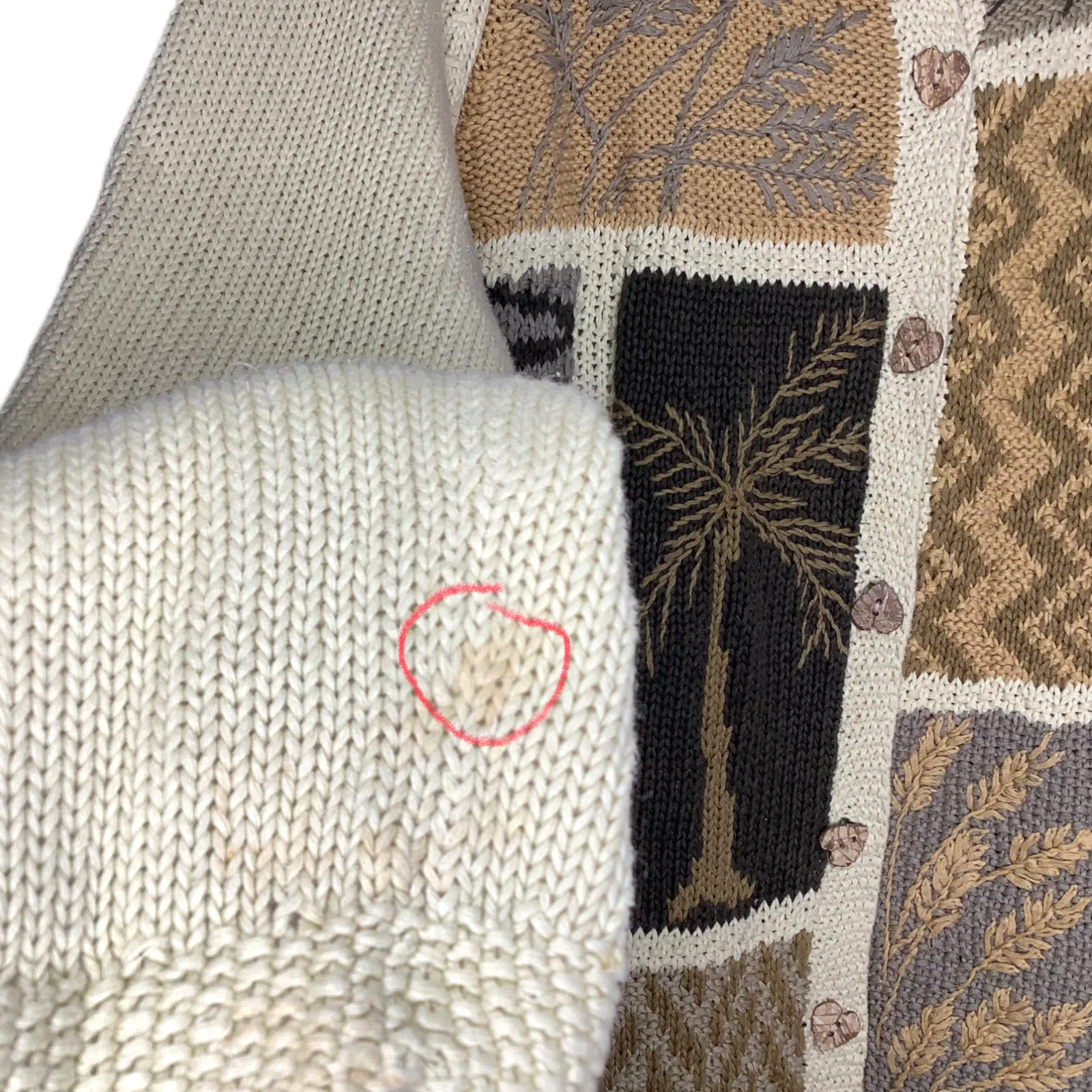 Vintage Cardigan 90s Mixed Patchwork Print Linen Blend Knit Leaf Buttons Neutral by Orvis - Image 8