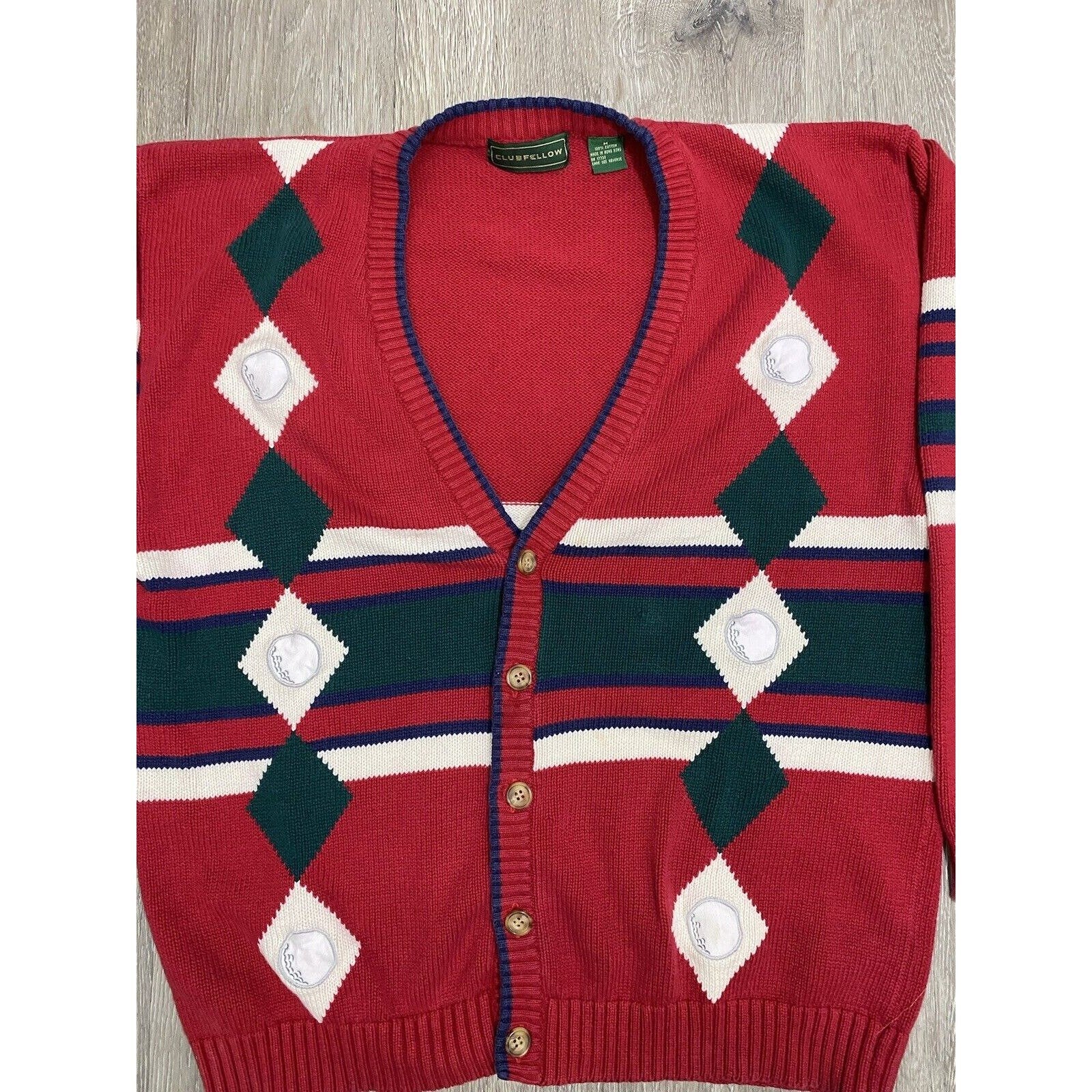 Vintage Cardigan Golf Sweater Grandpa Clubfellow Cotton 90s Stripes Diamonds - Image 2
