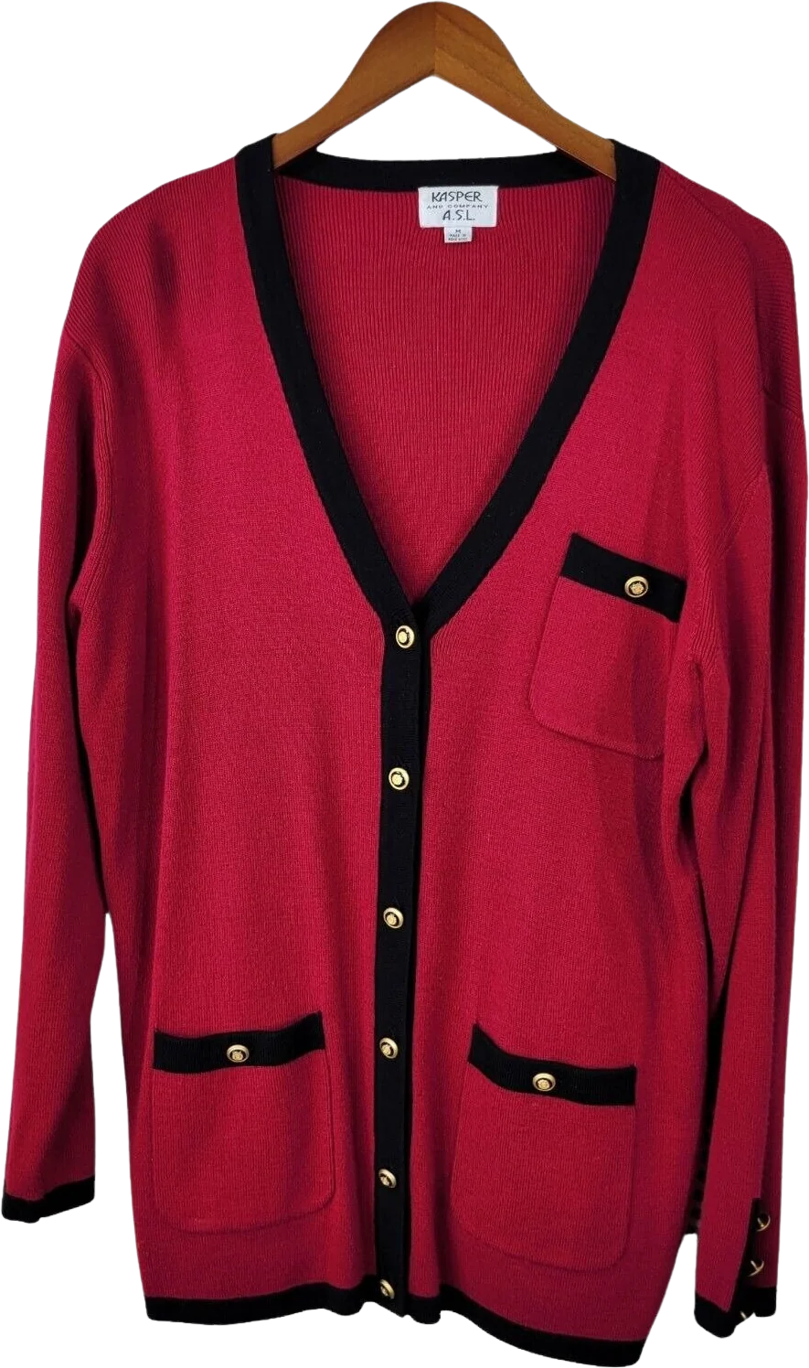 Vintage Cardigan Sweater Jacket Size Medium Wool Blend Winter Black Red Military by Kasper