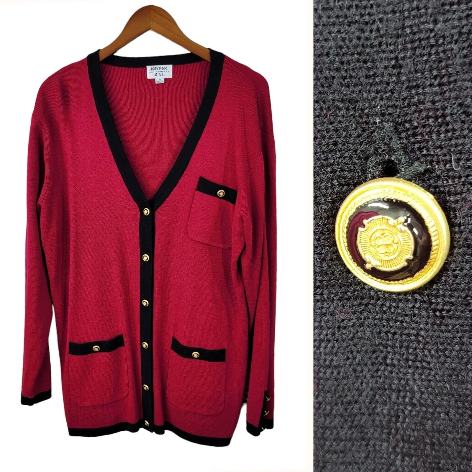 Vintage Cardigan Sweater Jacket Size Medium Wool Blend Winter Black Red Military by Kasper - Image 3