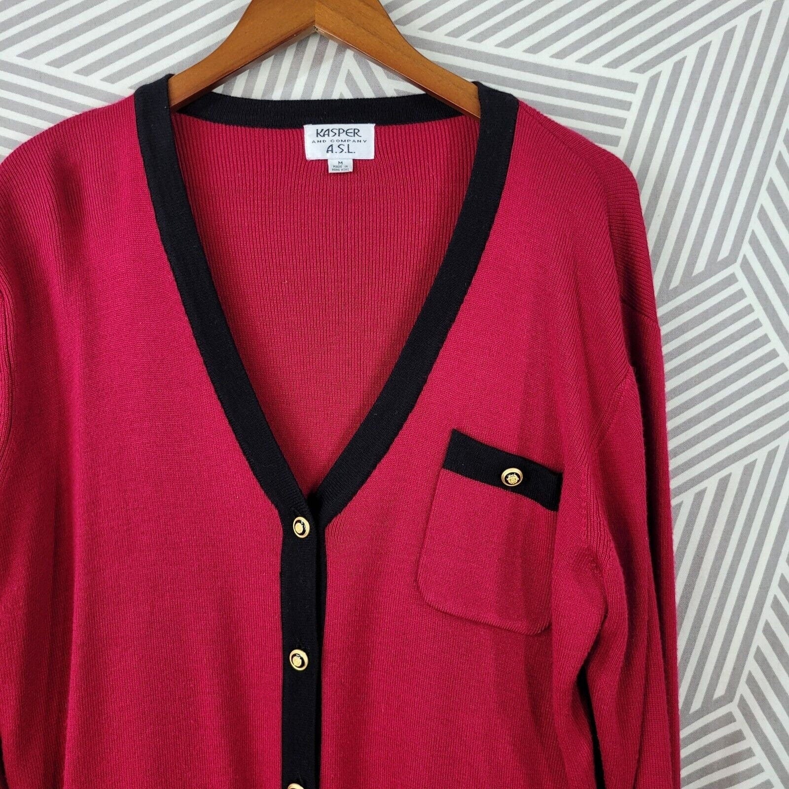 Vintage Cardigan Sweater Jacket Size Medium Wool Blend Winter Black Red Military by Kasper - Image 4