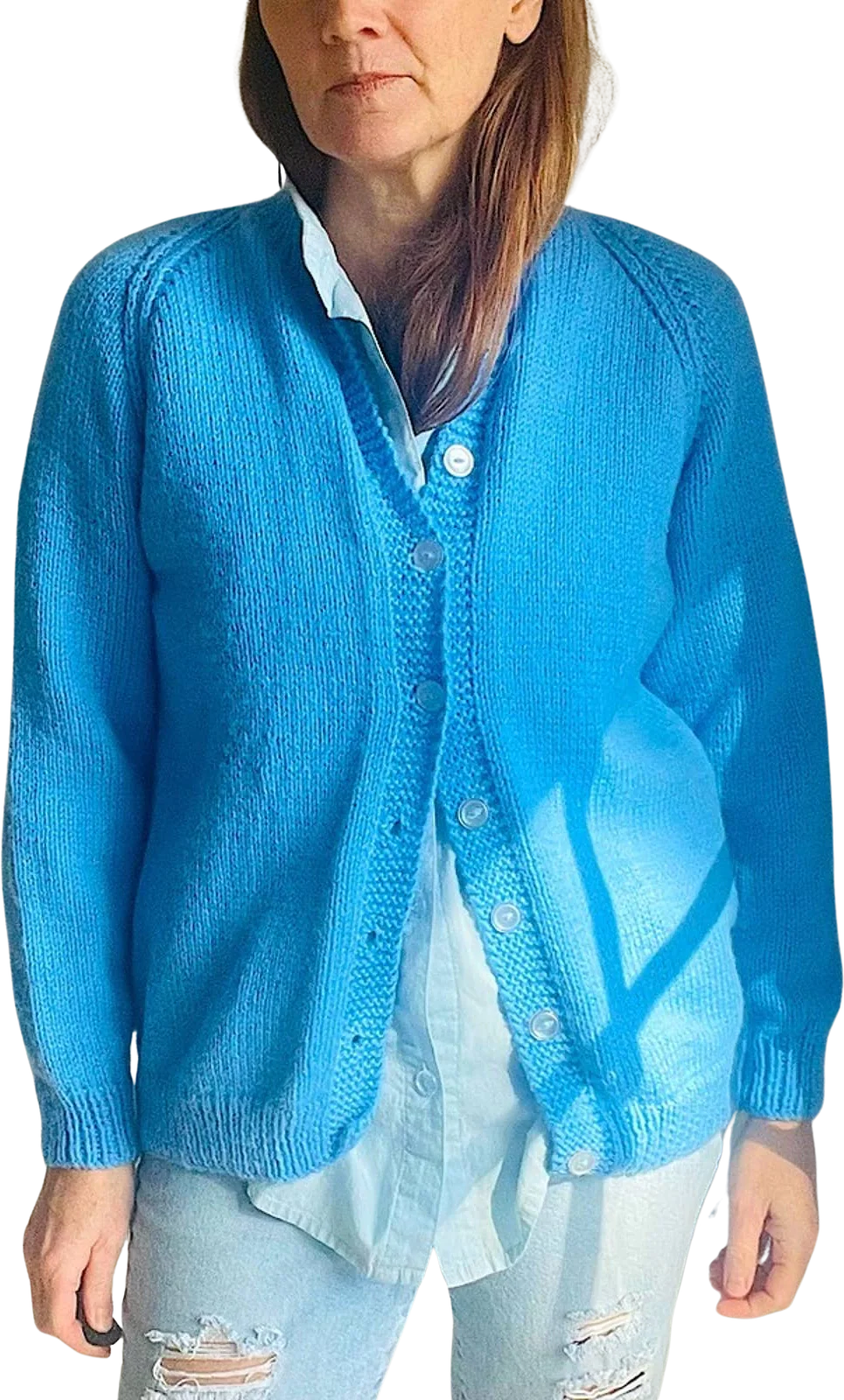 Vintage Cardigan Sweater Wool Baby Blue Hand Knit Medium Cozy Warm Fall