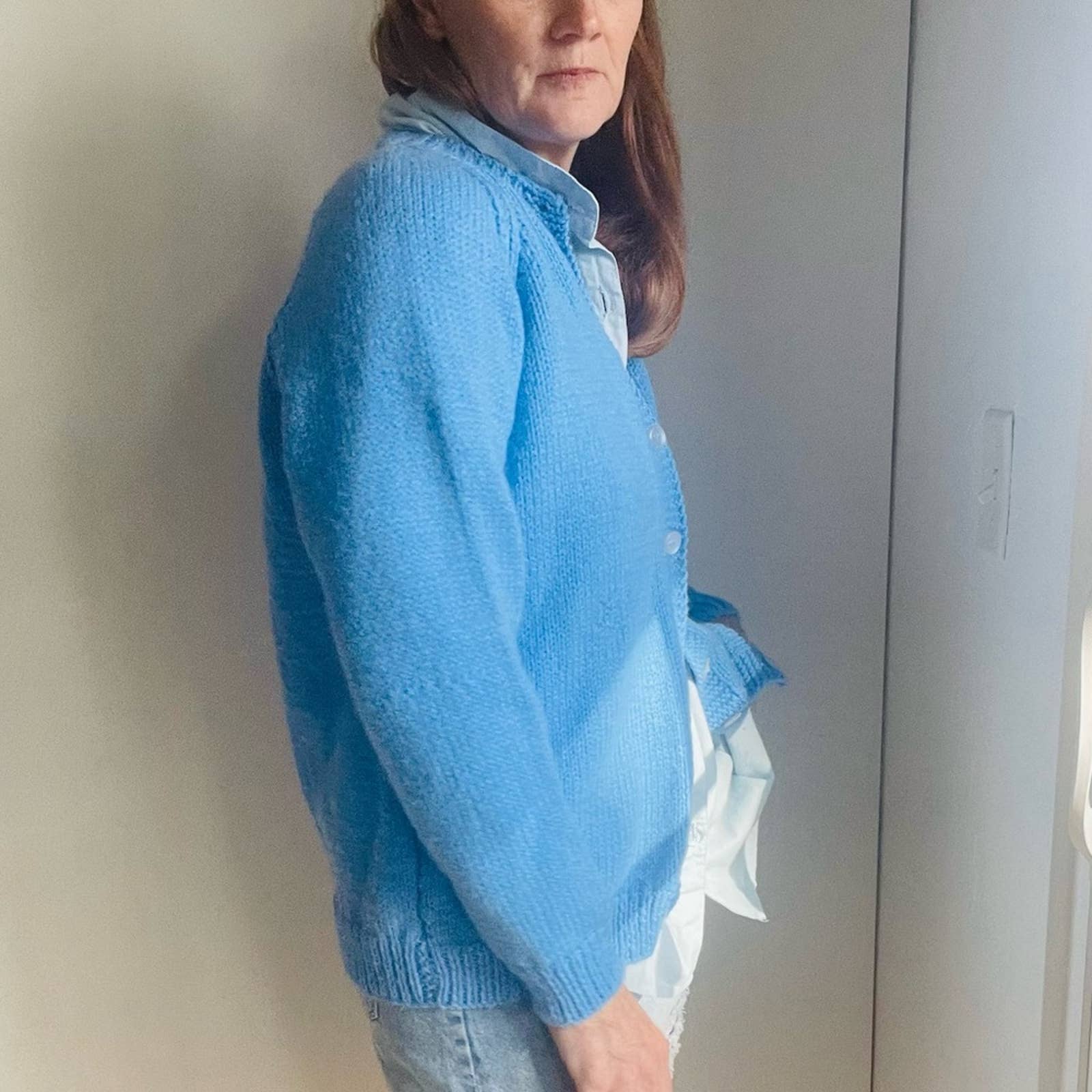 Vintage Cardigan Sweater Wool Baby Blue Hand Knit Medium Cozy Warm Fall - Image 3