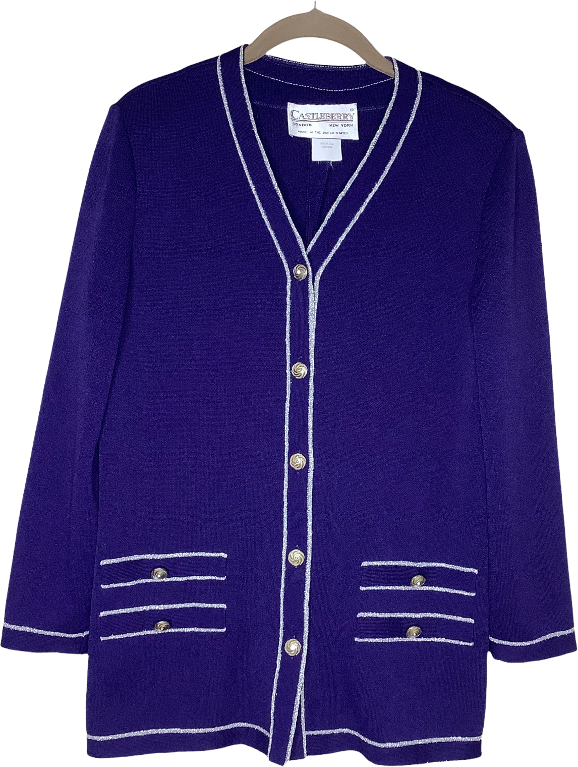Vintage Castleberry Knit Jacket Cardigan 70s 80s Blue Metallic Weave Button Up M by Castleberry