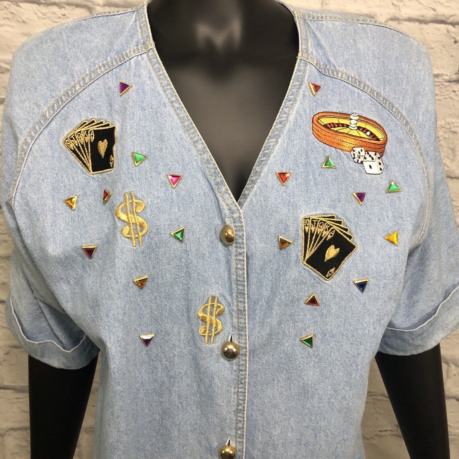 Vintage Chambray Casino Shirt Embellished Bejeweled Bingo Usa M/l Button Up 90s by Bingo - Image 3