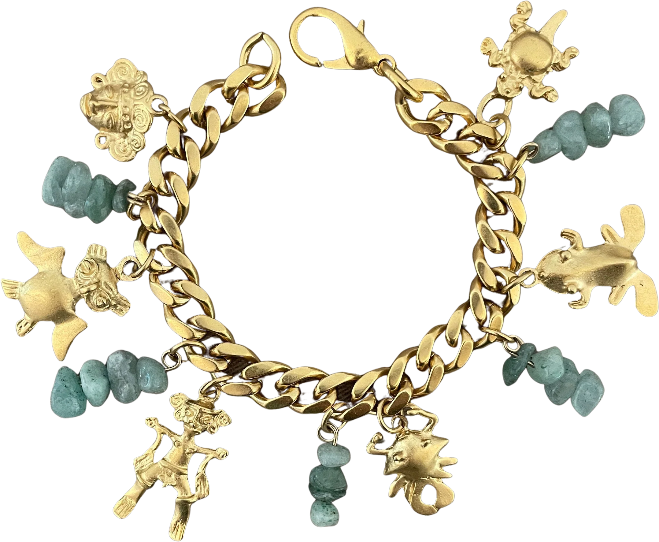Vintage Charm Bracelet Geometrical Mayan Pre Colombian Egyptian Charms Rock Accents Matte Gold