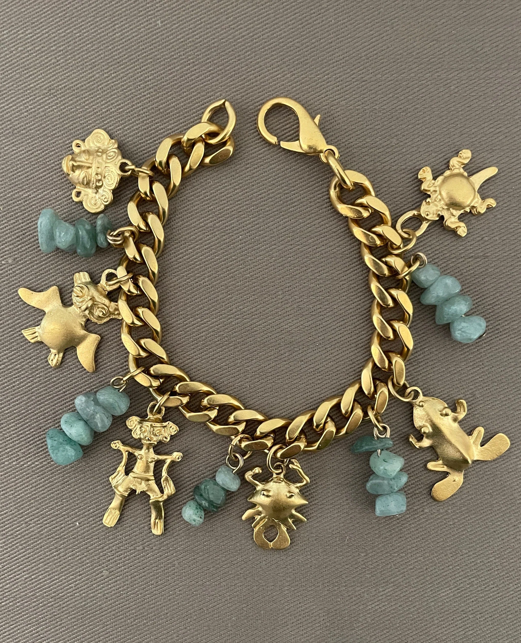 Vintage Charm Bracelet Geometrical Mayan Pre Colombian Egyptian Charms Rock Accents Matte Gold - Image 2
