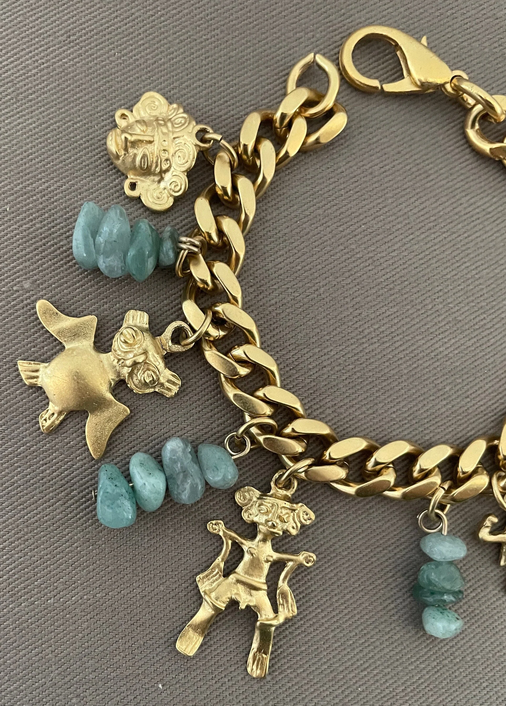 Vintage Charm Bracelet Geometrical Mayan Pre Colombian Egyptian Charms Rock Accents Matte Gold - Image 4