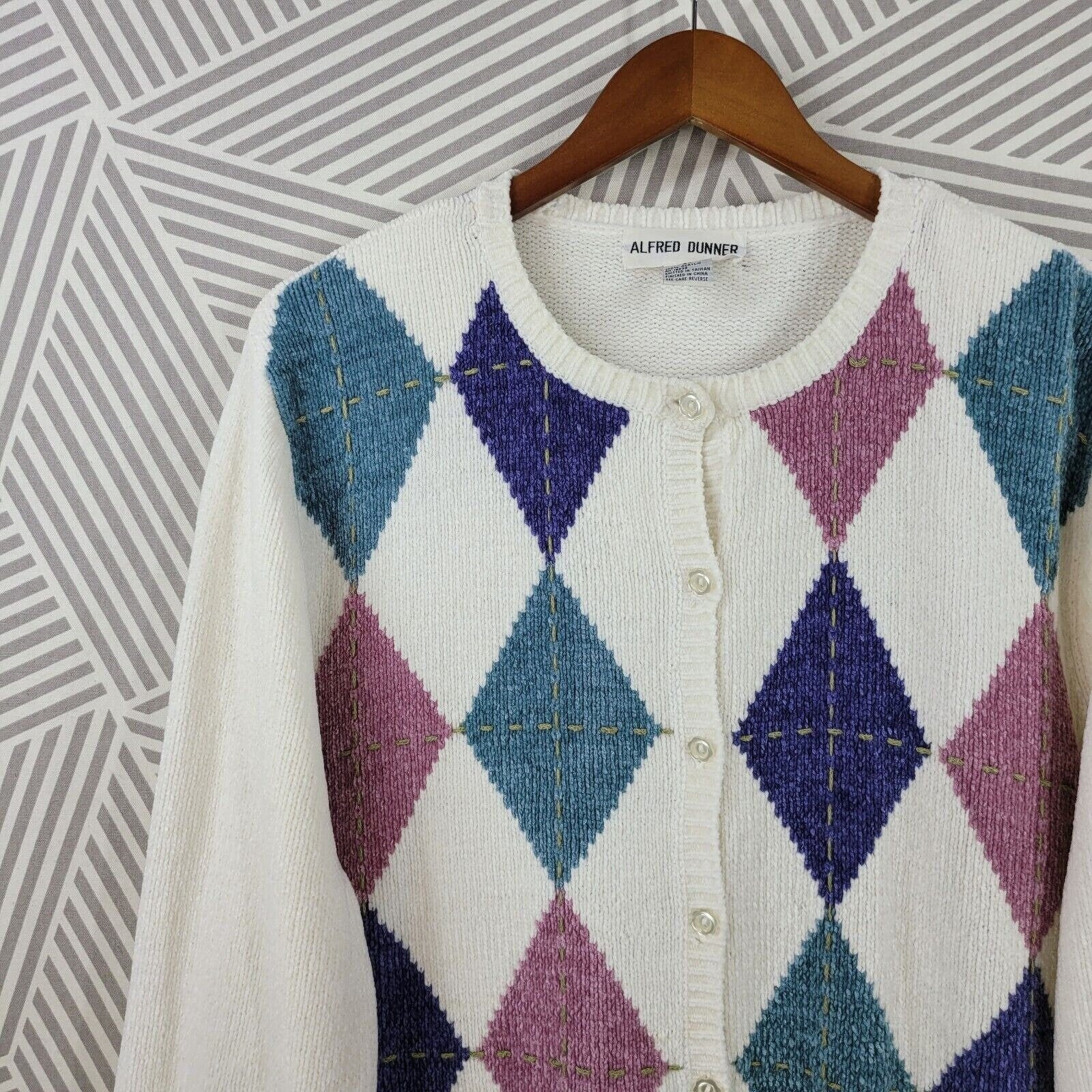 Vintage Chenille Cardigan Sweater Plus Size 2x Purple White Argyle Plush - Image 2