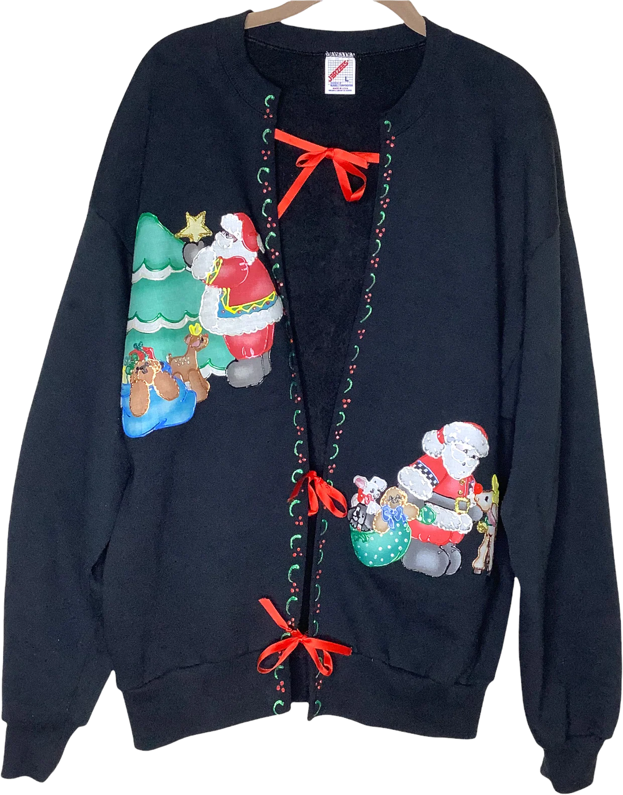 Vintage Christmas Cardigan Sweatshirt Santa Toys Handmade Design Puffy Paint 90s by Jerzees