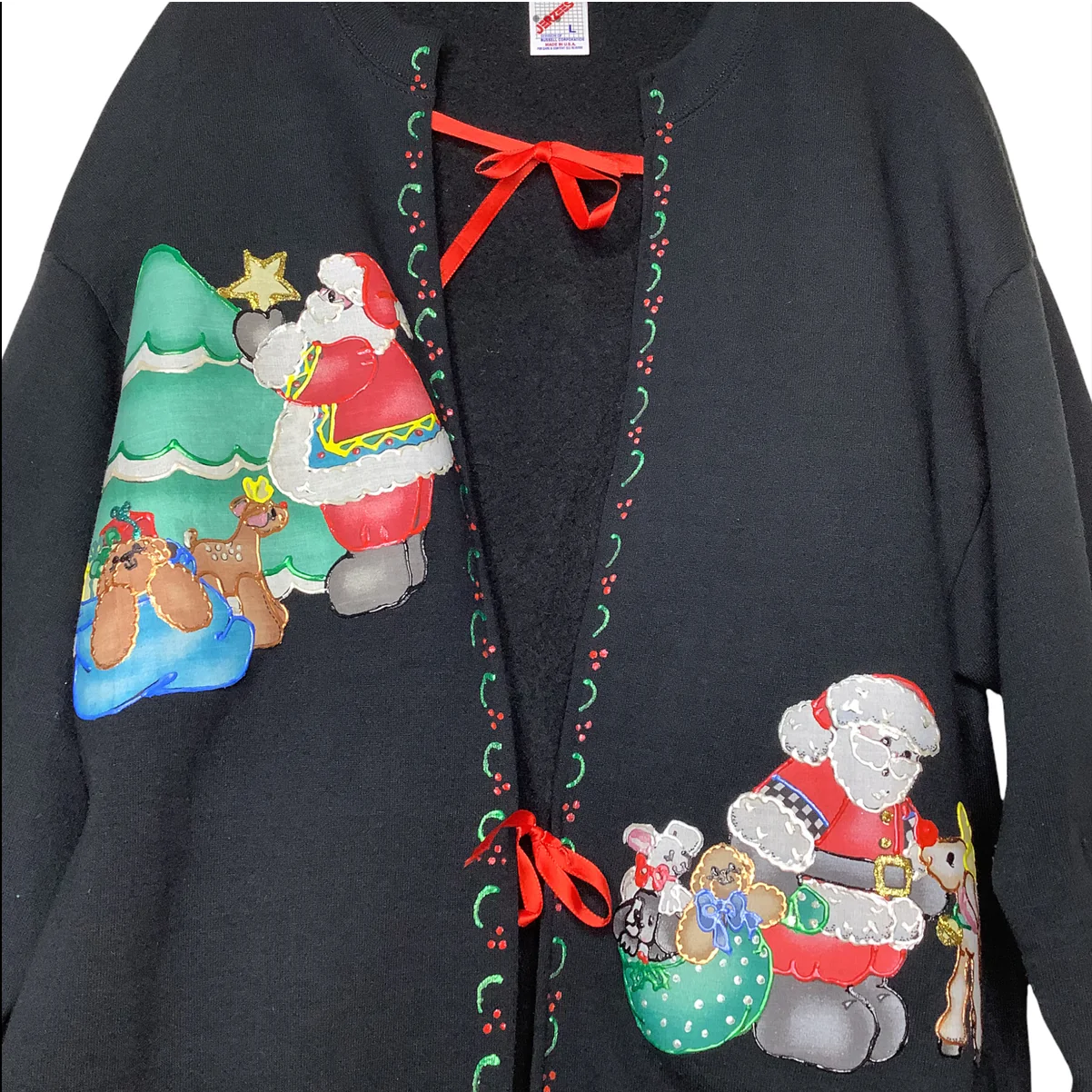 Vintage Christmas Cardigan Sweatshirt Santa Toys Handmade Design Puffy Paint 90s by Jerzees - Image 3