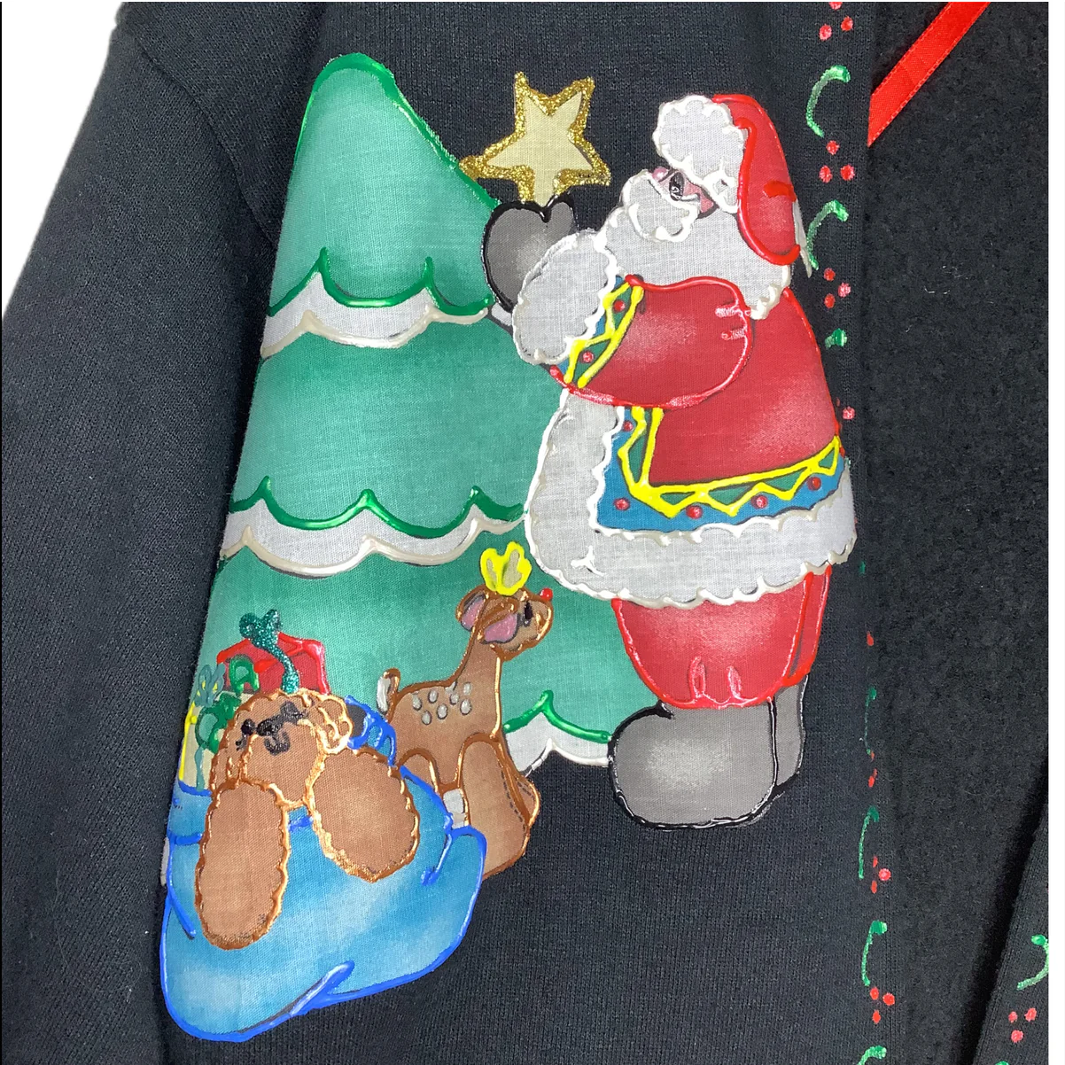 Vintage Christmas Cardigan Sweatshirt Santa Toys Handmade Design Puffy Paint 90s by Jerzees - Image 6