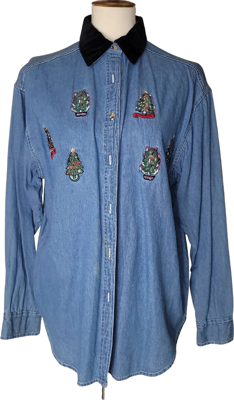Vintage Christmas Holiday Denim Embroidered Long-Sleeved Collared Shirt by At Last