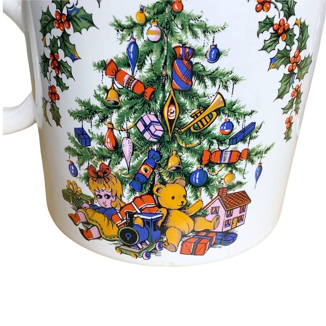 Vintage Christmas Mugs Set of 4 England Toys Under Tree Holly 3. 25" by Arthur Wood - Image 3