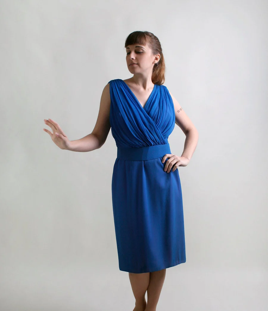 Vintage Cocktail Dress 60s Sapphire Silk Chiffon Dress Medium by Lilli Diamond - Image 3