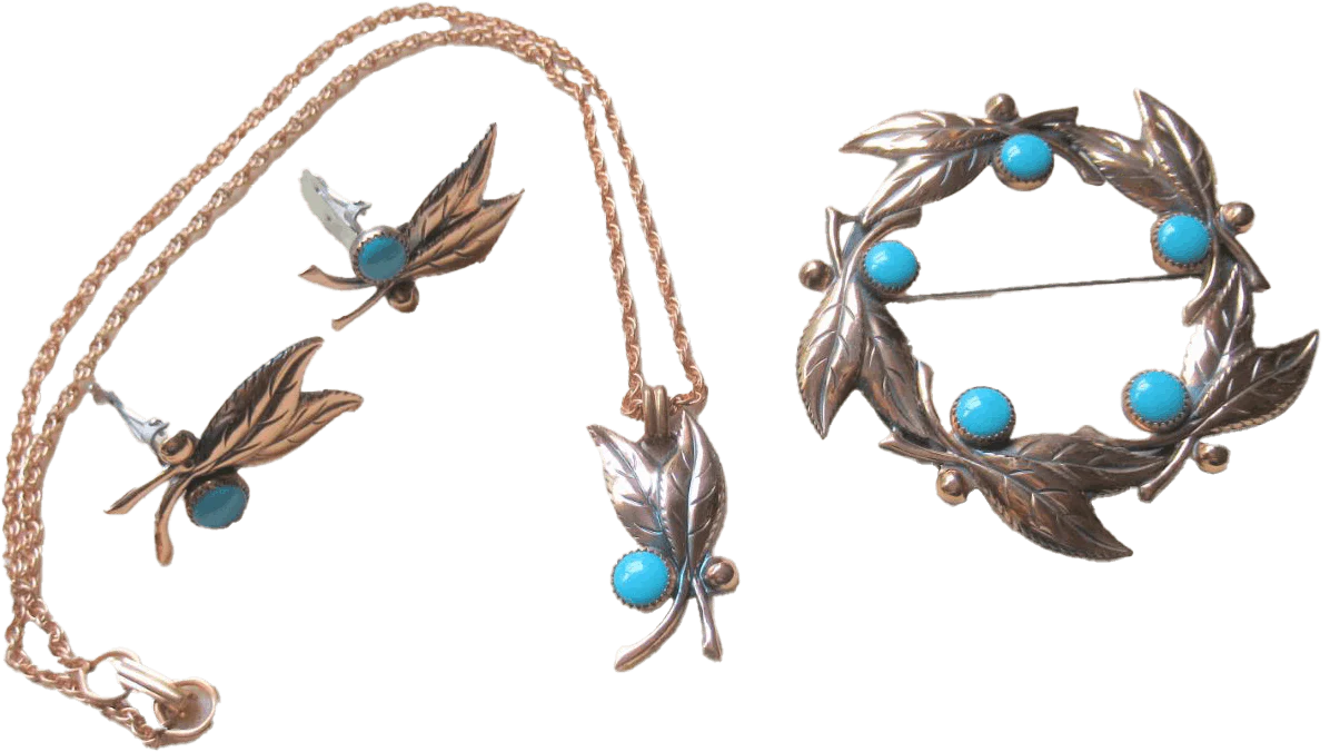 Vintage Copper Parure by Bell Copper and Turquoise Round Brooch Clip Back Earrings and Pendant Necklace 50s Logo From Bell Trading Post by Bell