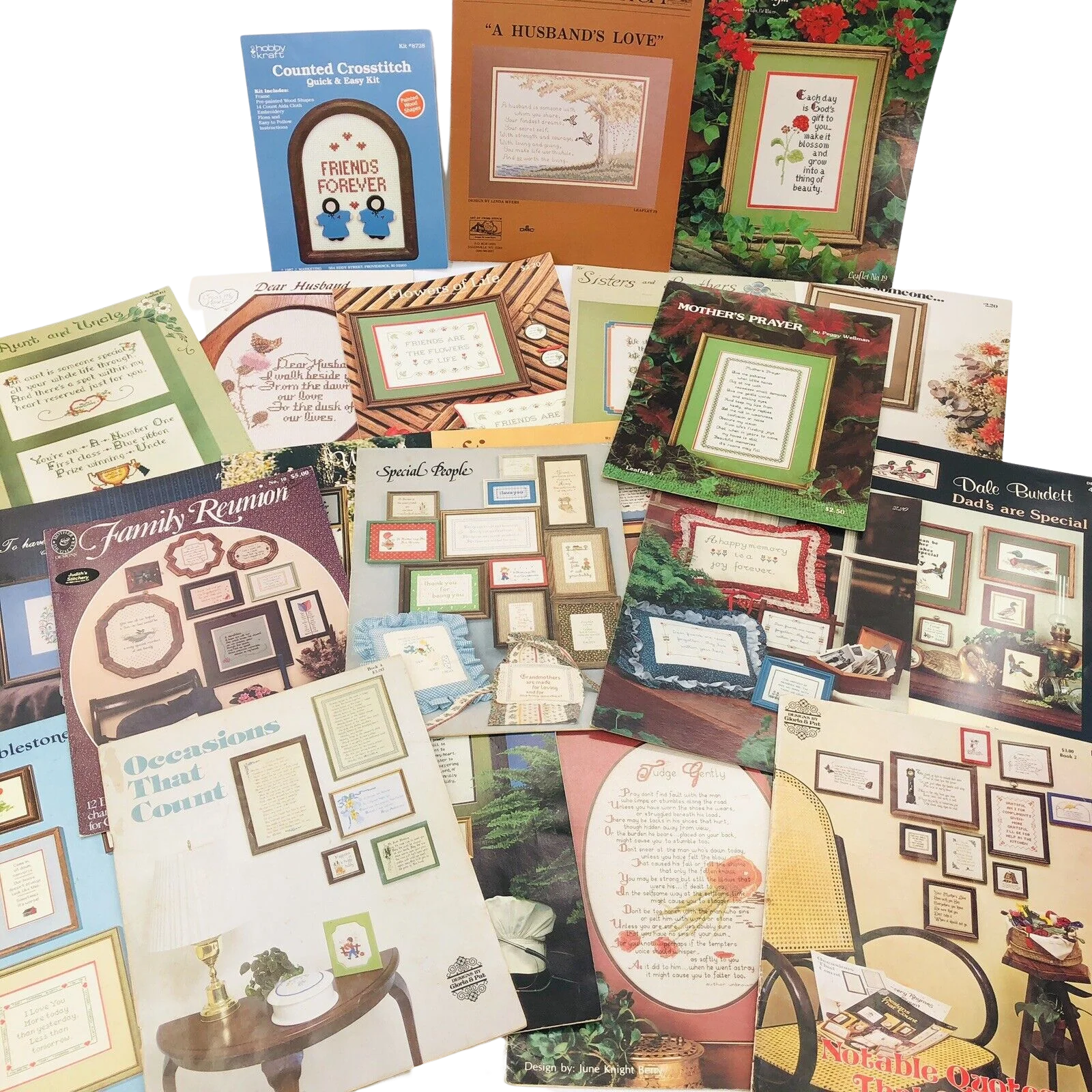 Vintage Counted Cross Stitch Patterns Books Leaflets Variety Lot Sayings Family by Leisure Arts