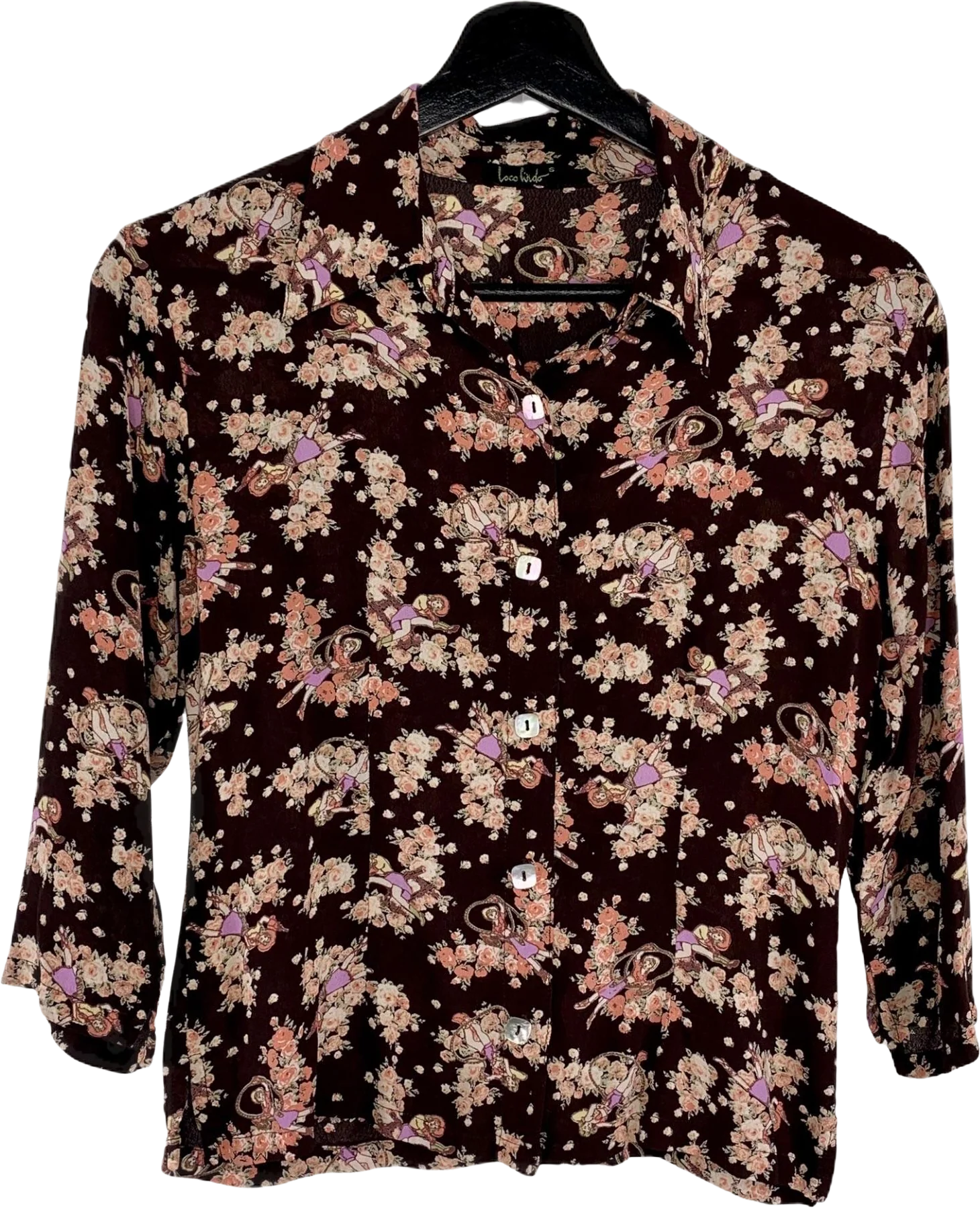 Vintage Cowgirl Brown Long Button Up Print Top Small by Loco Lindo