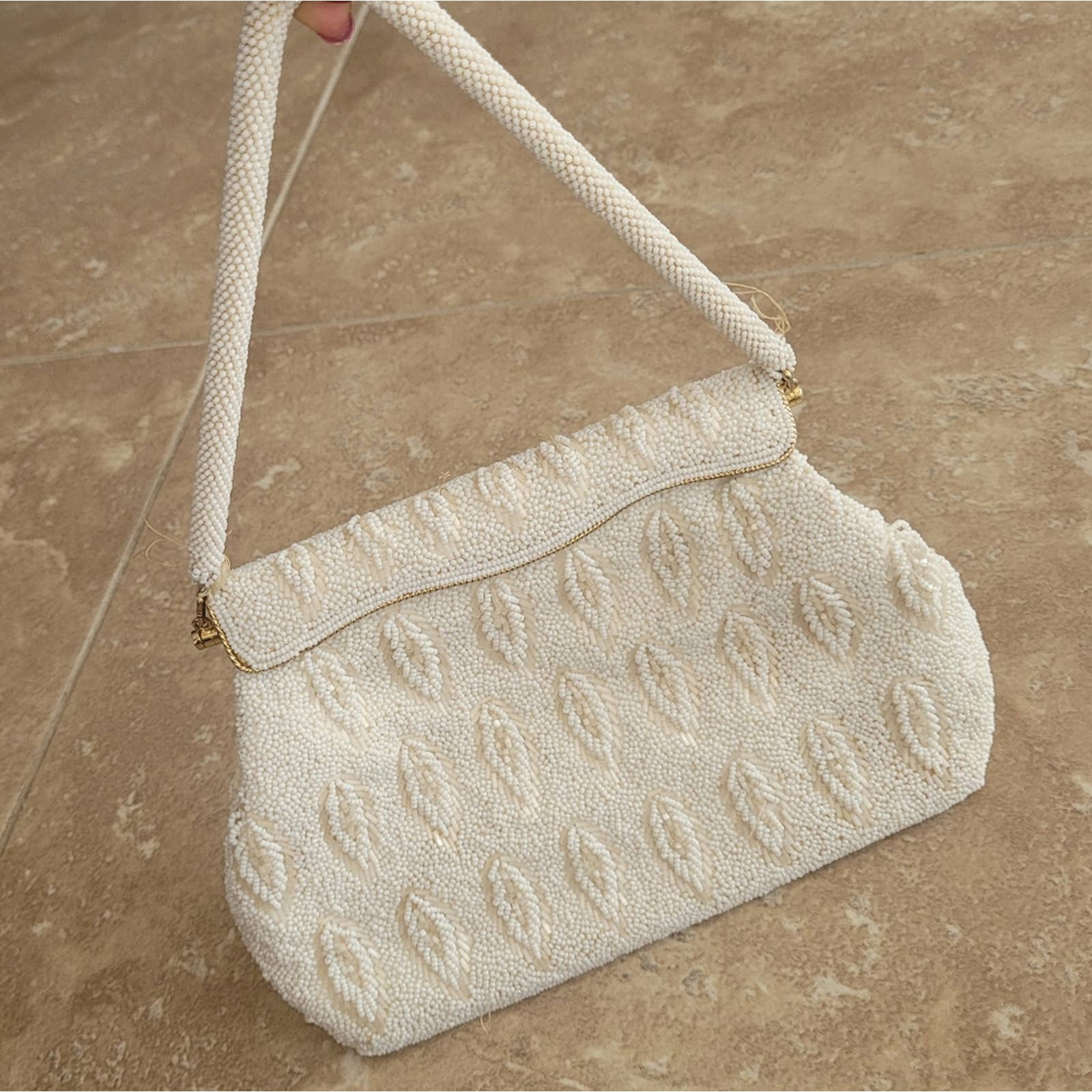 Vintage Cream and Gold Beaded Mini Handbag Purse - Image 4