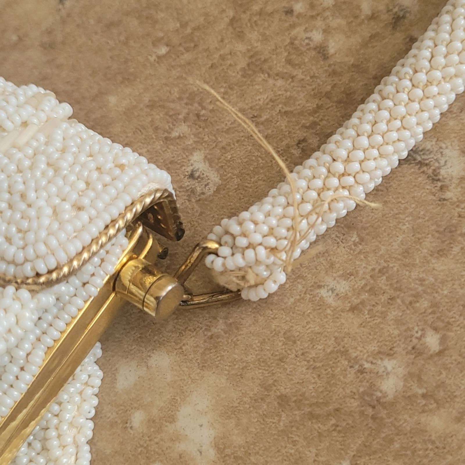 Vintage Cream and Gold Beaded Mini Handbag Purse - Image 9