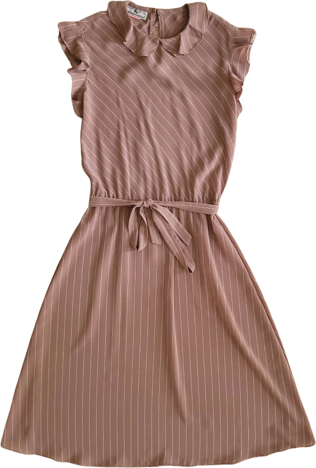 Vintage Crepe Pink and White Striped Sheath Belted Dress with Ruffles by Jonathan martin