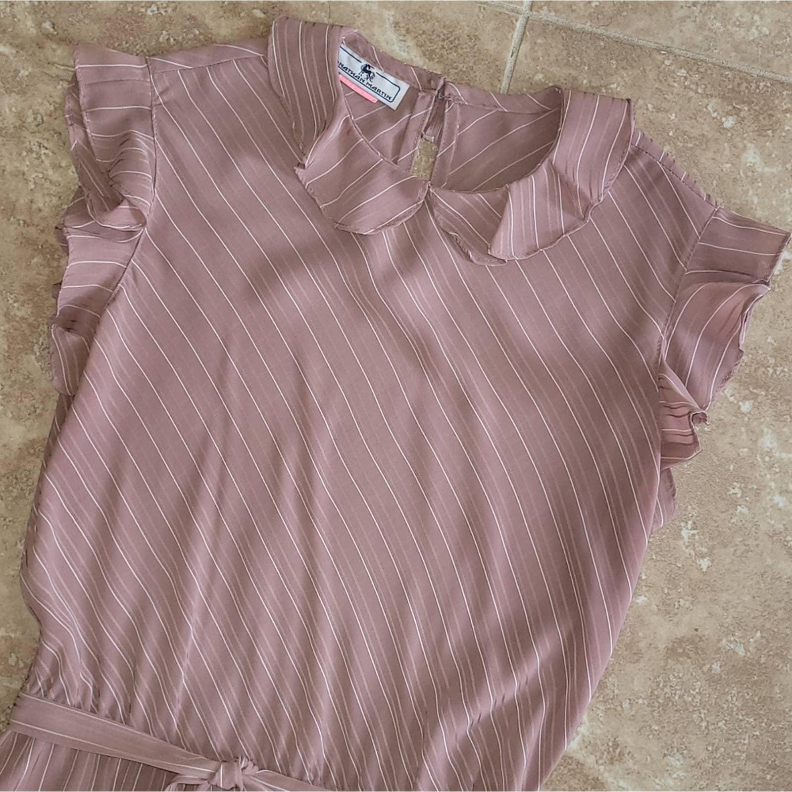 Vintage Crepe Pink and White Striped Sheath Belted Dress with Ruffles by Jonathan martin - Image 3