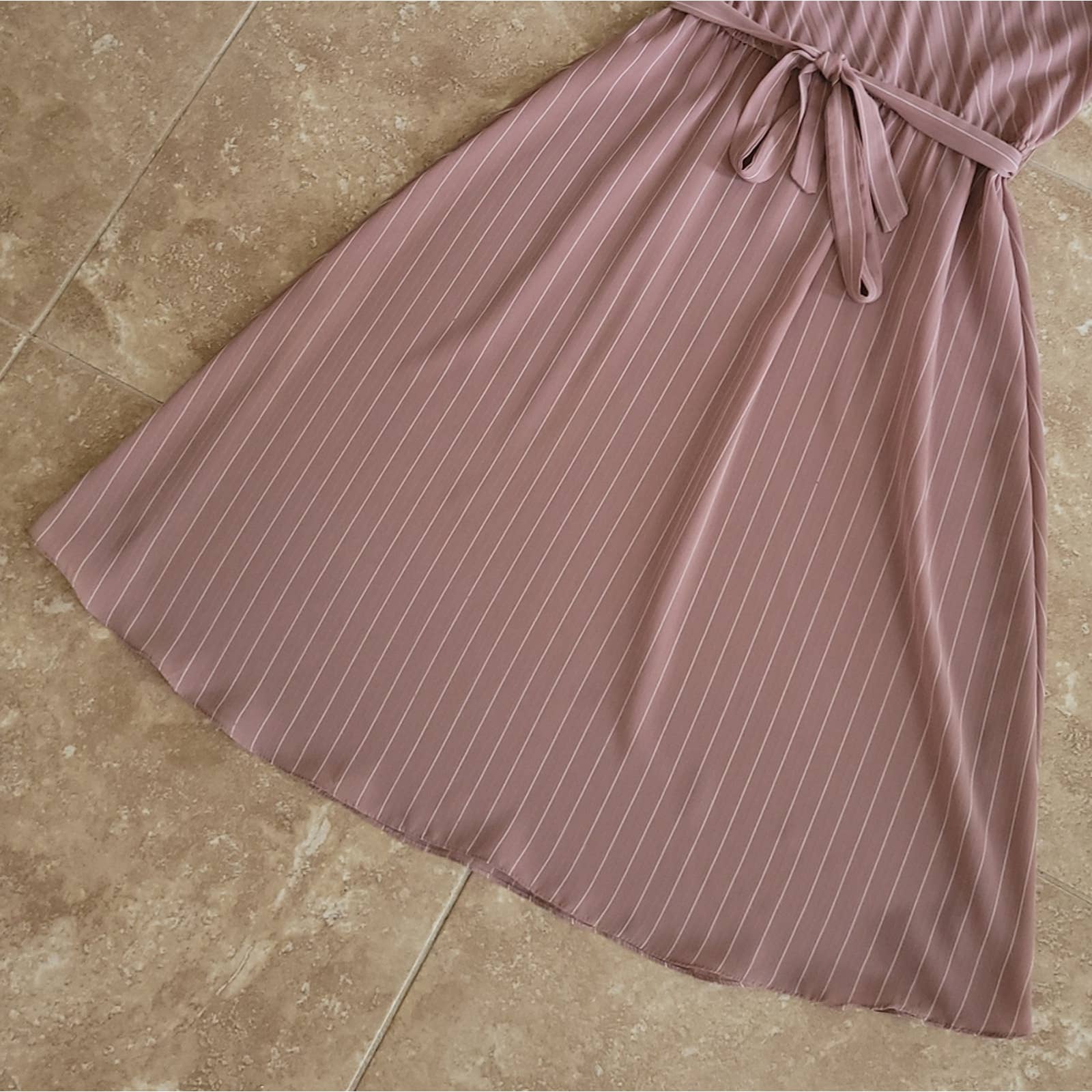 Vintage Crepe Pink and White Striped Sheath Belted Dress with Ruffles by Jonathan martin - Image 4
