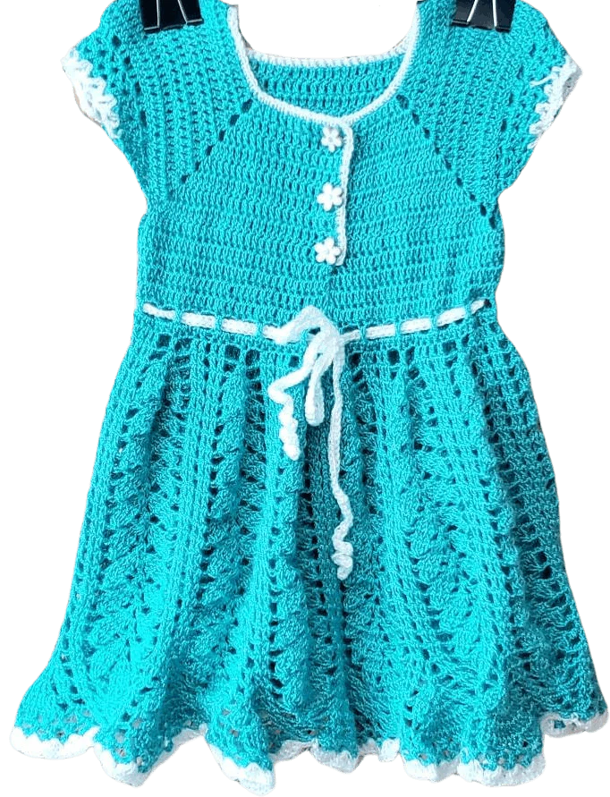 Vintage Crochet Dress 18m Vintage Girls Crochet Dress Hand Crochet Dress Teal Dress with Flower Buttons
