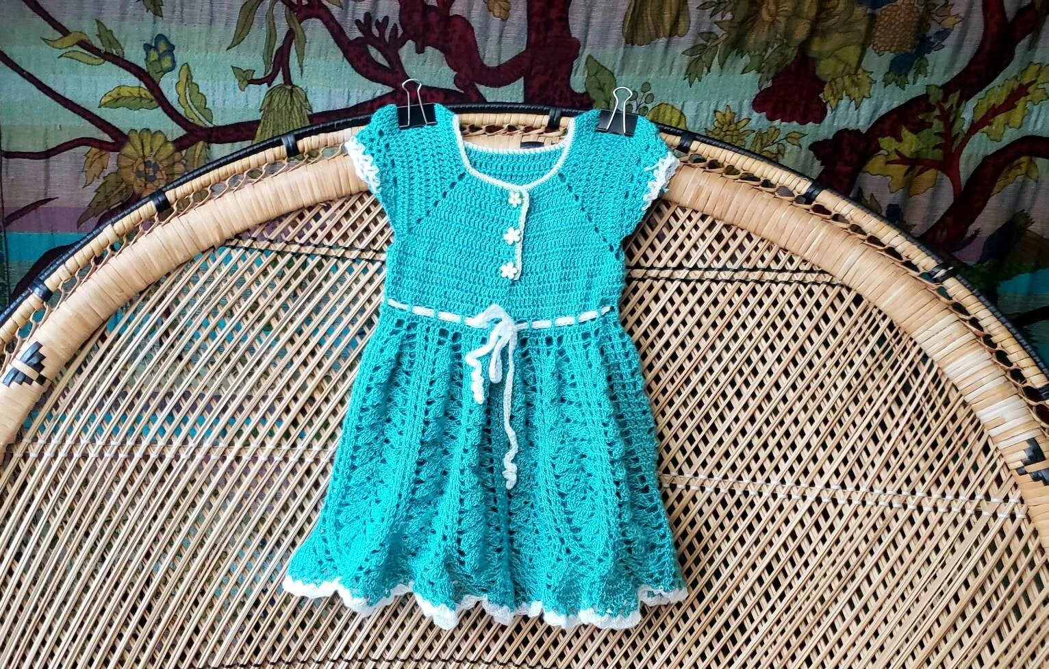 Vintage Crochet Dress 18m Vintage Girls Crochet Dress Hand Crochet Dress Teal Dress with Flower Buttons - Image 3