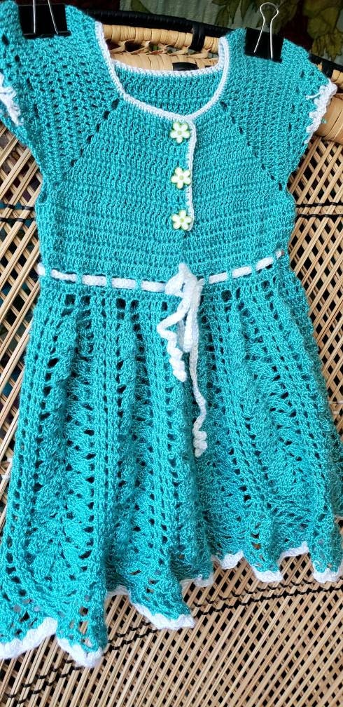 Vintage Crochet Dress 18m Vintage Girls Crochet Dress Hand Crochet Dress Teal Dress with Flower Buttons - Image 6