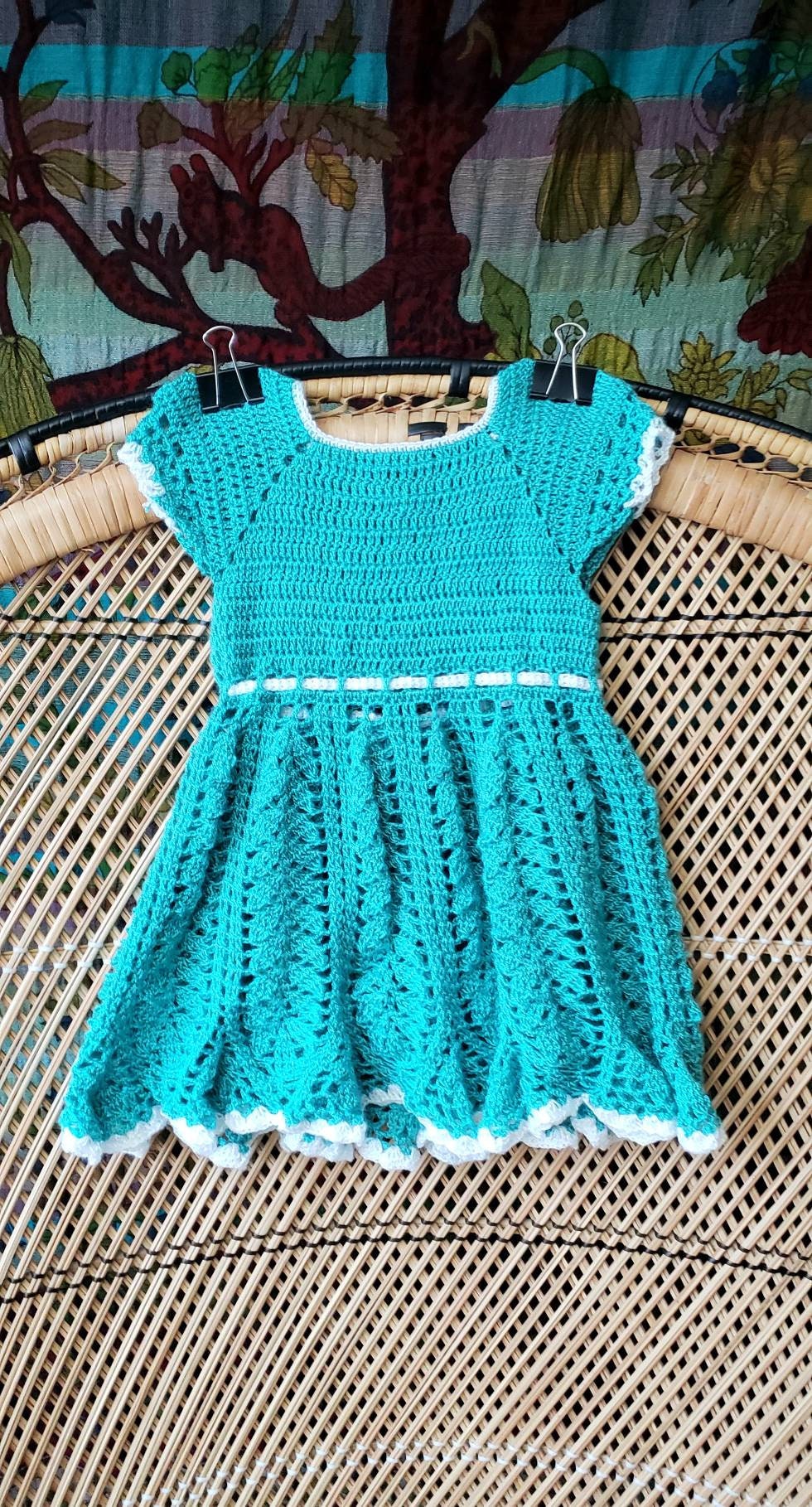 Vintage Crochet Dress 18m Vintage Girls Crochet Dress Hand Crochet Dress Teal Dress with Flower Buttons - Image 9