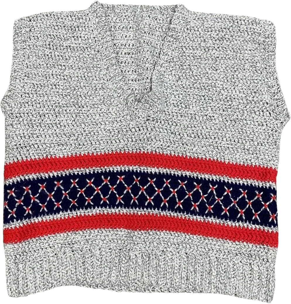 Vintage Crochet Sweater Vest Unisex Xl 70s Handmade V-Neck Hipster Ski Yarn