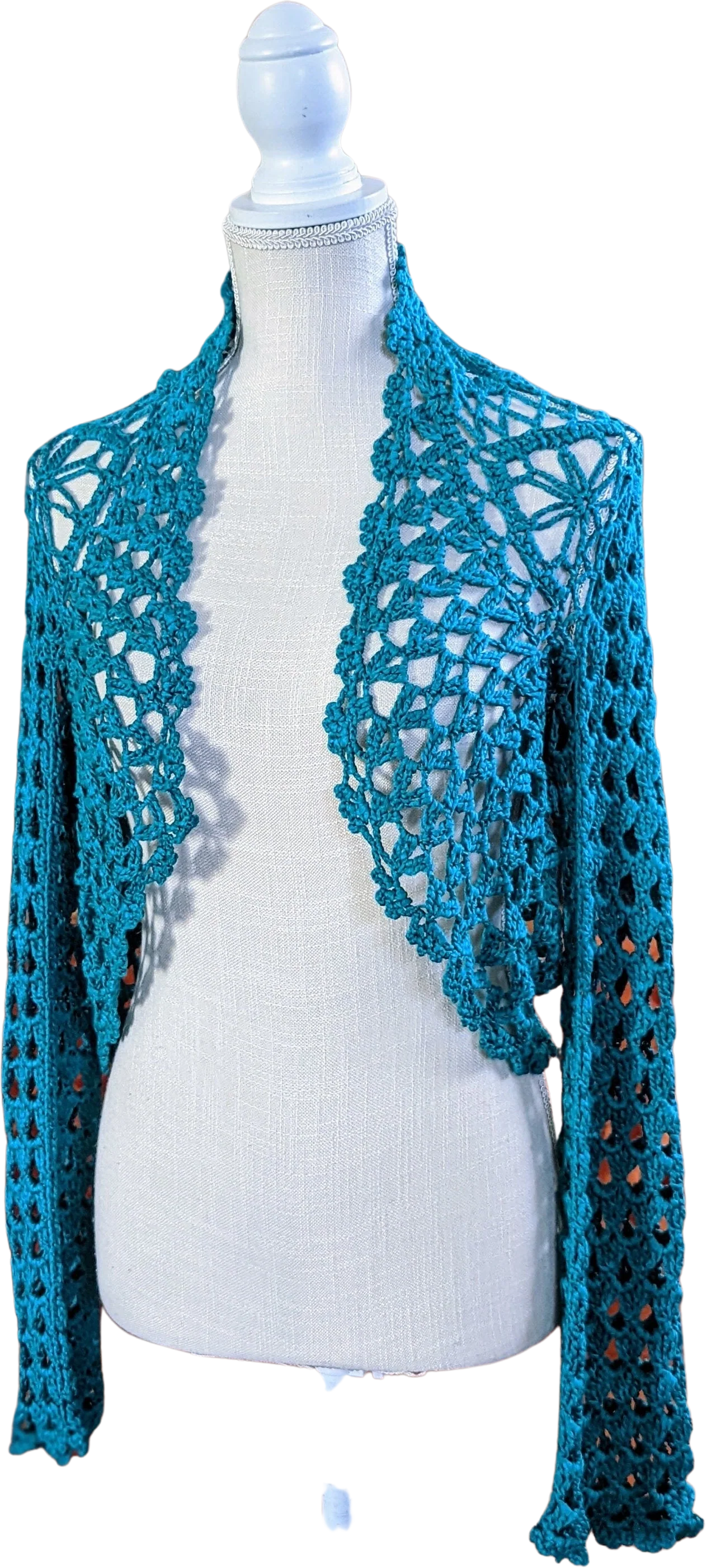 Vintage Crocheted Cardigan with Bell Sleeves and Flower Patches | Coolwear | Blue Green Teal