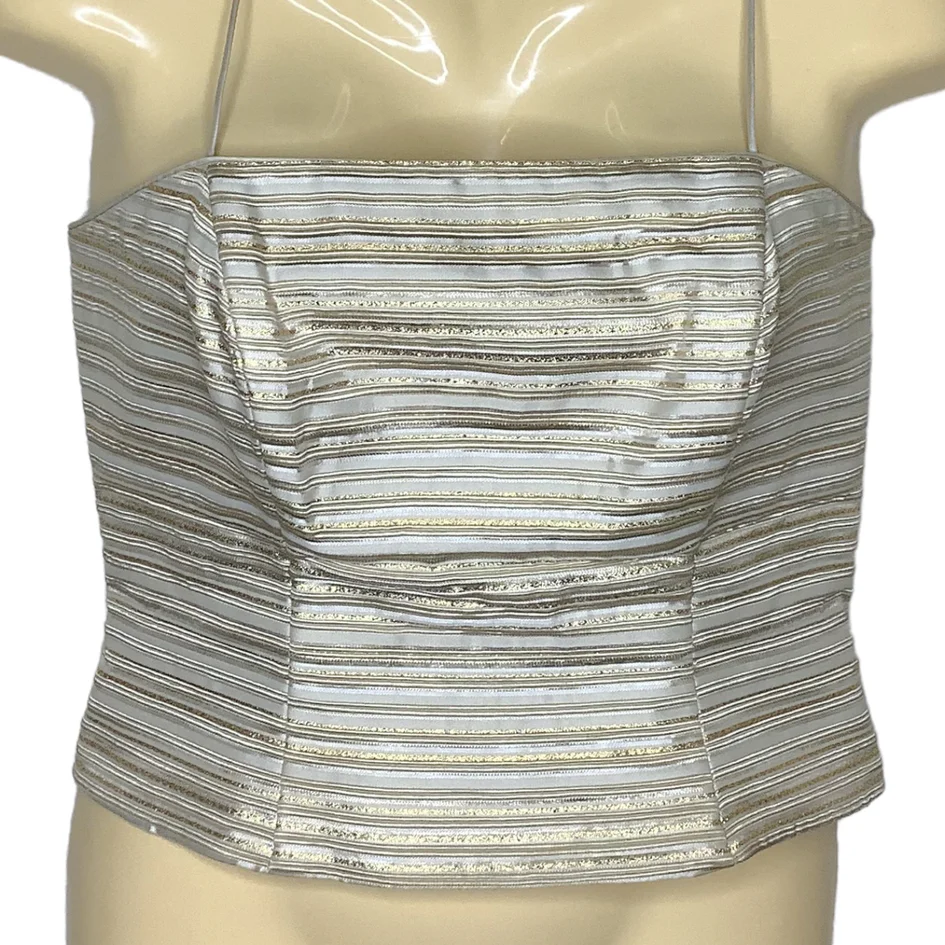 Vintage Crop Top 90s 00s S/m Gold Metallic Stripe Strappy Glam Structured Zip by JS Collections - Image 5