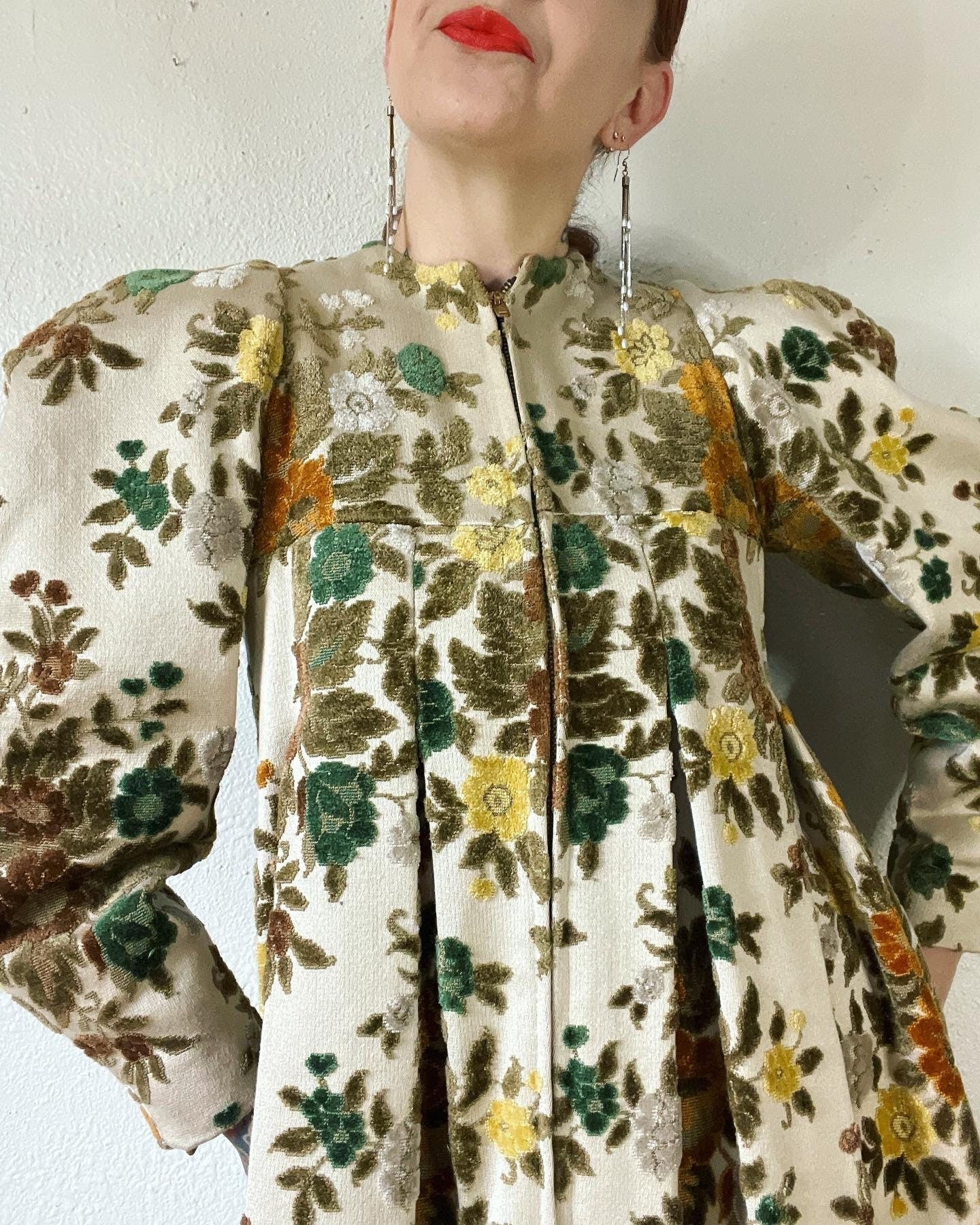 Vintage Custom Made In The 60s Floral Carpet Tapestry Dress with Blouson - Image 3