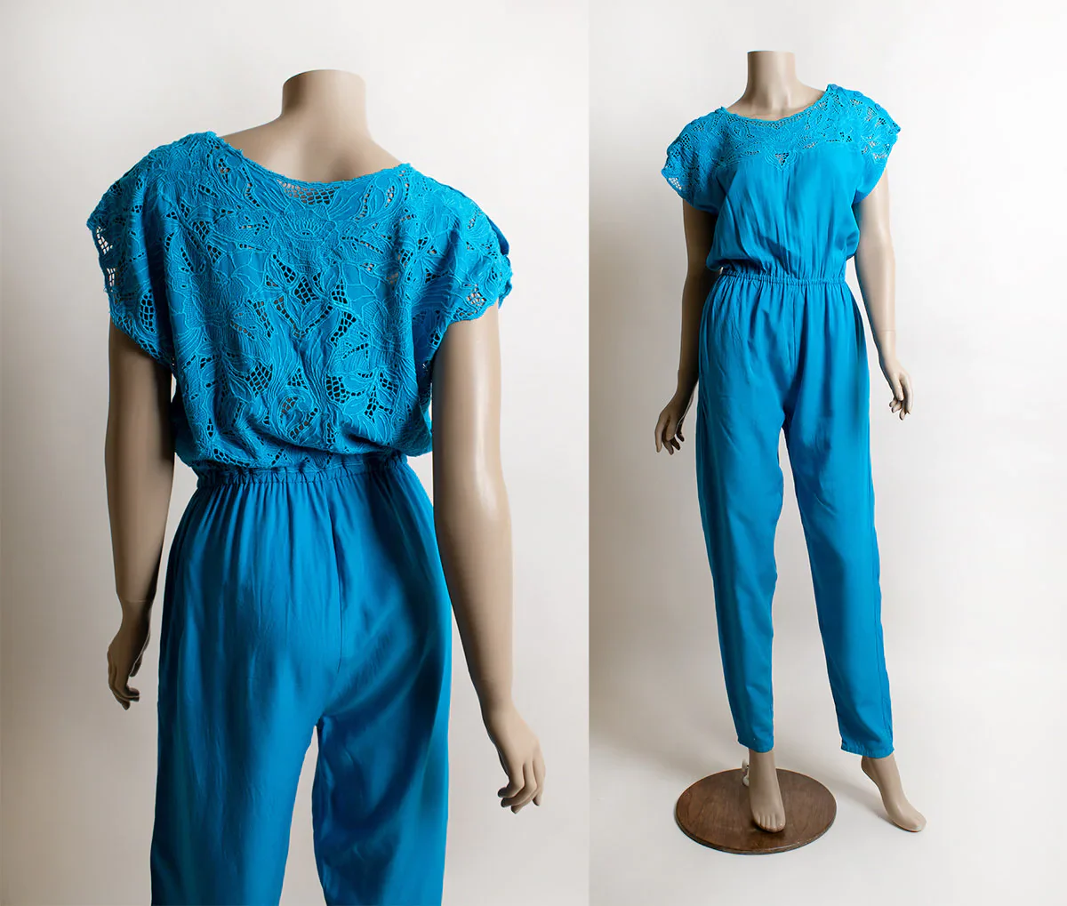 Vintage Cutwork Floral Back Jumpuit Aqua Turquoise Teal Blue Side Pockets See Through Cut Outs 80s Small Medium - Image 3