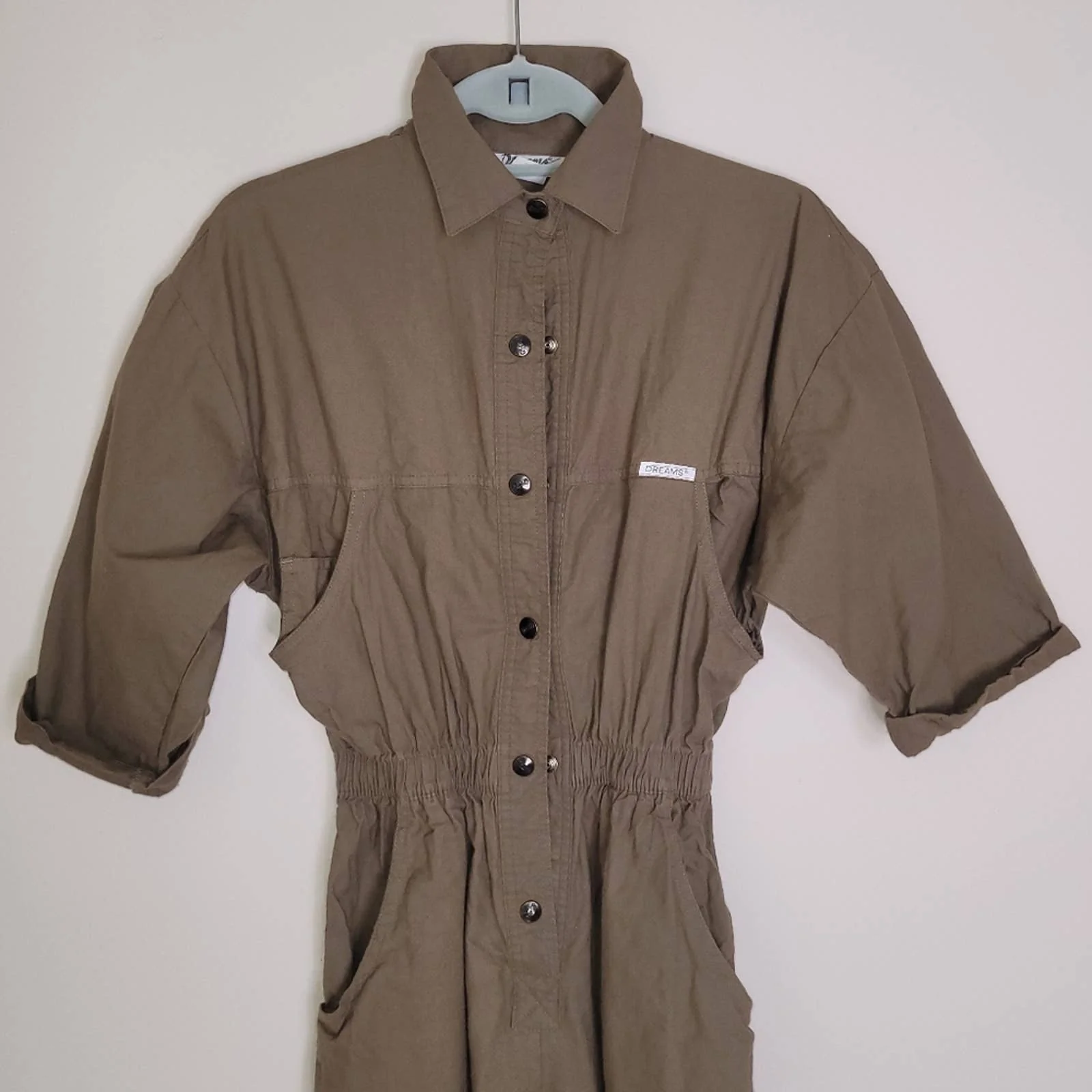 Vintage Dark Khaki 100% Cotton Collared Pants Jumpsuit by Dreams - Image 4