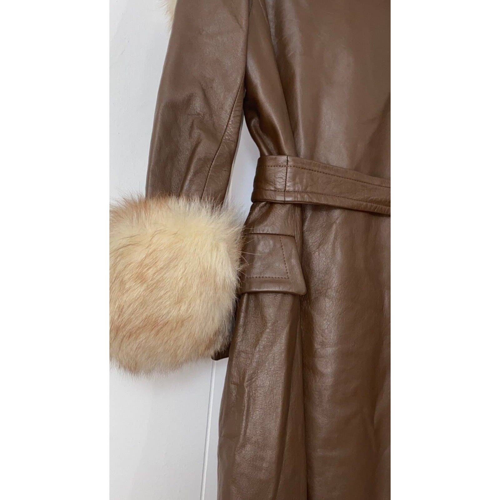 Vintage Deadstock 60s Brown Leather Fox Fur Penny Lane Coat Mod Glamour Golét - Image 10