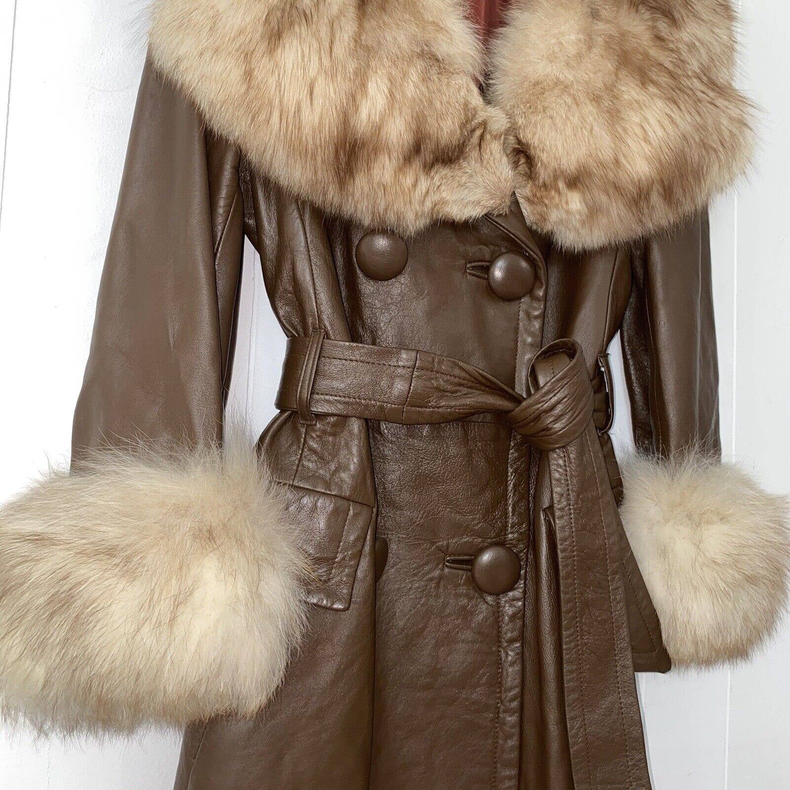 Vintage Deadstock 60s Brown Leather Fox Fur Penny Lane Coat Mod Glamour Golét - Image 3